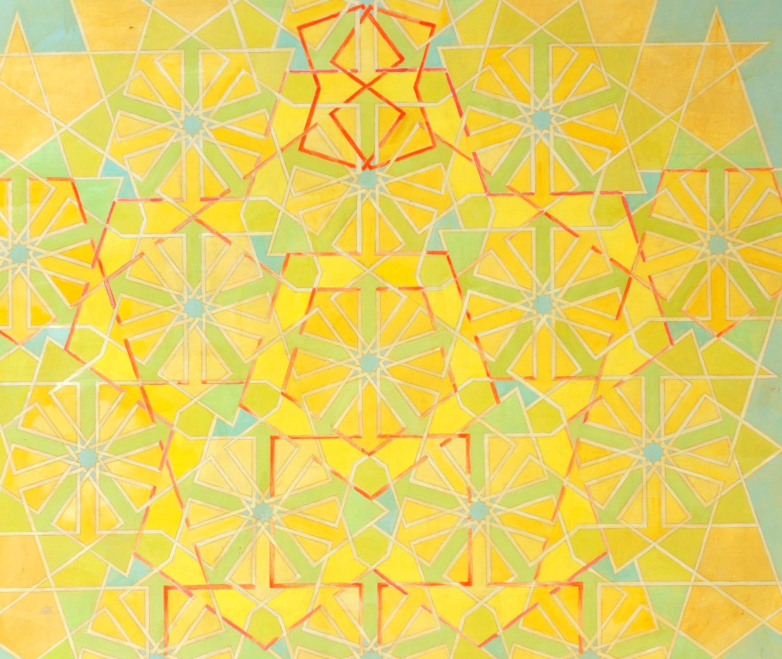  Oils on canvas, 50” x 50”.     This painting explores the interplay of circles divided into five parts, highlighting the shapes that emerge and the colors that enhance the visible patterns. 