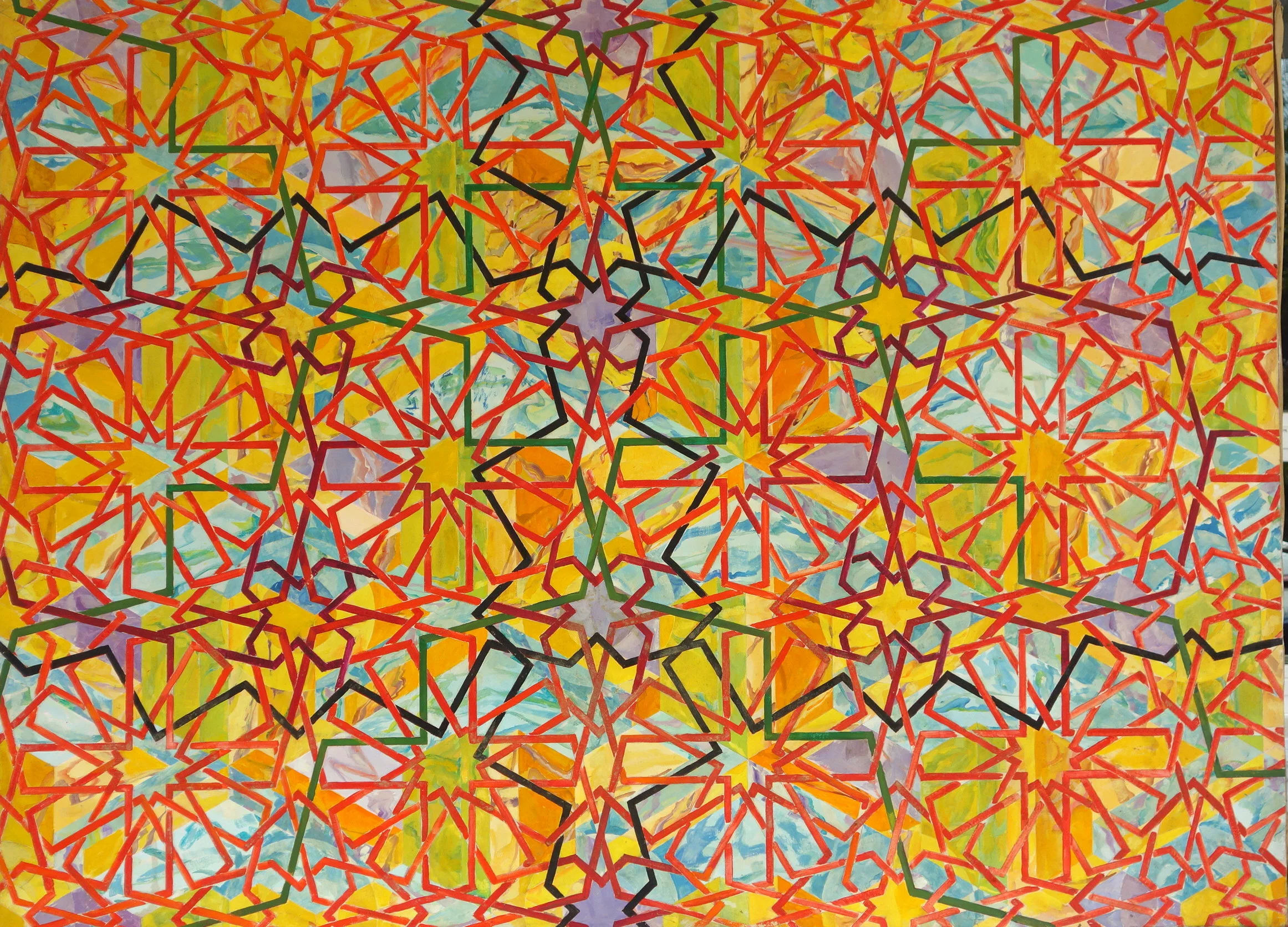  1978, oils on canvass. &nbsp;This is about 4 feet by 6 feet. &nbsp;The whole painting is made of circles divided into 12 parts.   There are the lines that form patterns and behind them there are colors which form other patterns.    