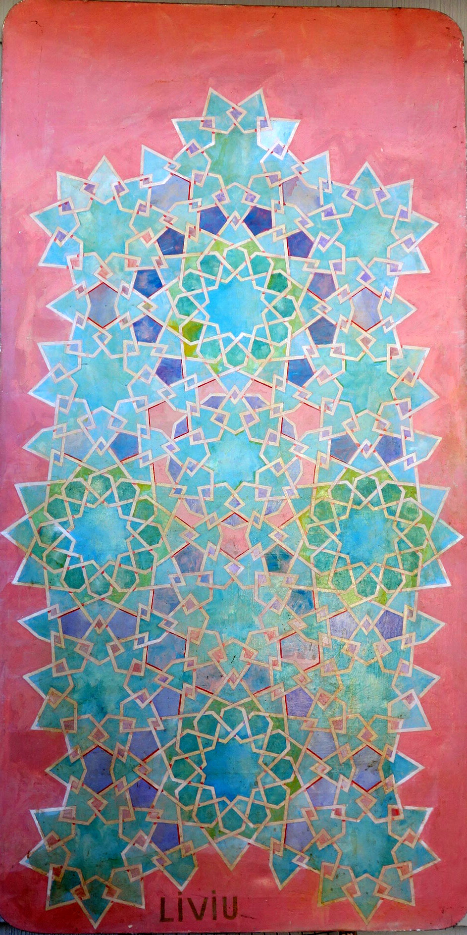  Geometric figure. &nbsp;1978, Oils on canvass. &nbsp; 37"x75. &nbsp;Notes: There are circles 12 12 sides and circles with 9 sides and notice a six figure side in the center. &nbsp; if you follow the white lines patterns emerge, if you concentrate on