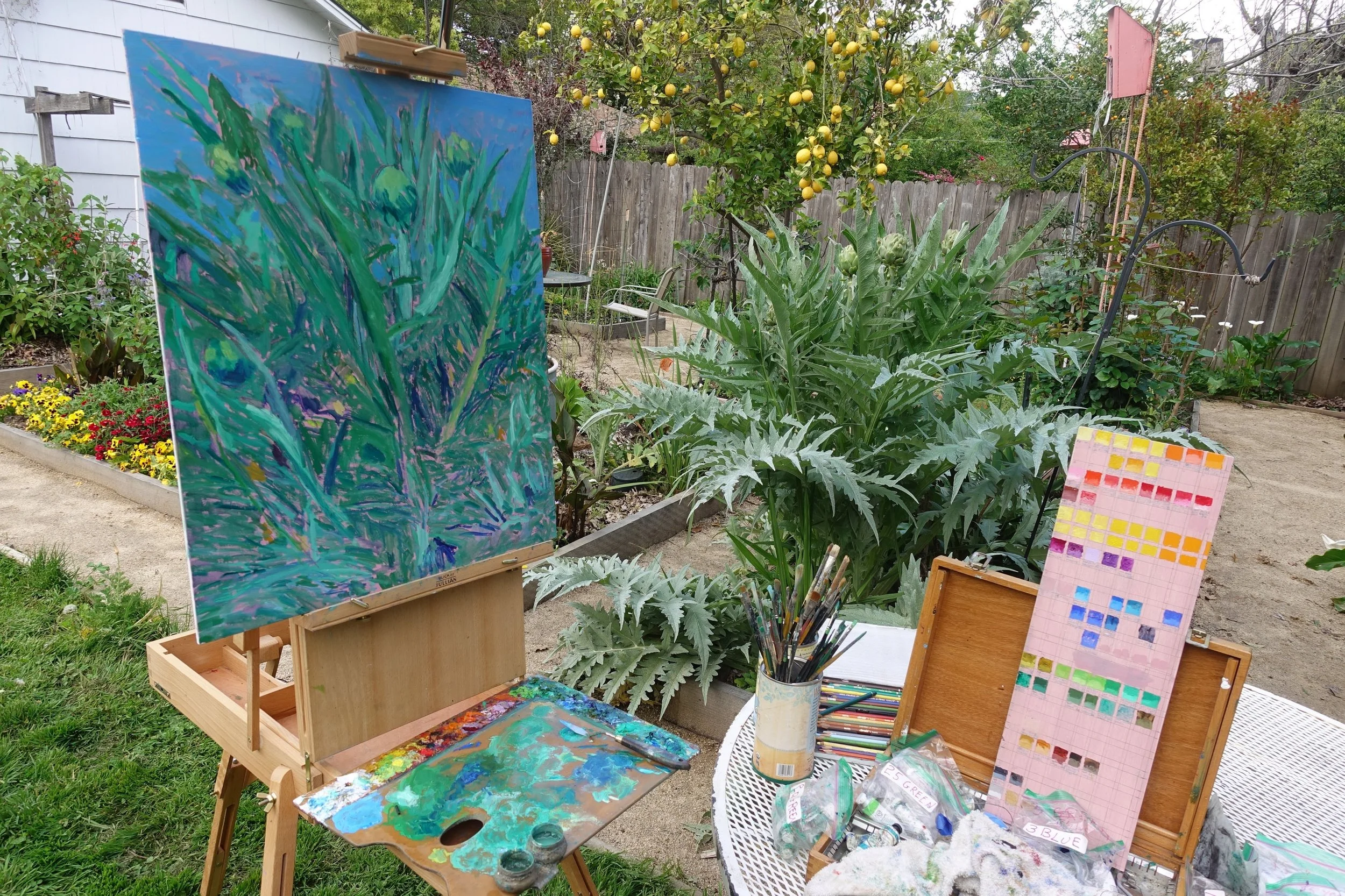 Painting artichokes in my garden.