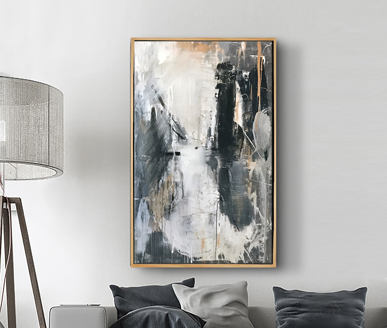 Shown here in a residence, this piece was commissioned for a retail boutique in San Francisco. Framed in polished wood, the Japanese-inspired acrylic abstract features several layers of acrylic to reveal each layer underneath.