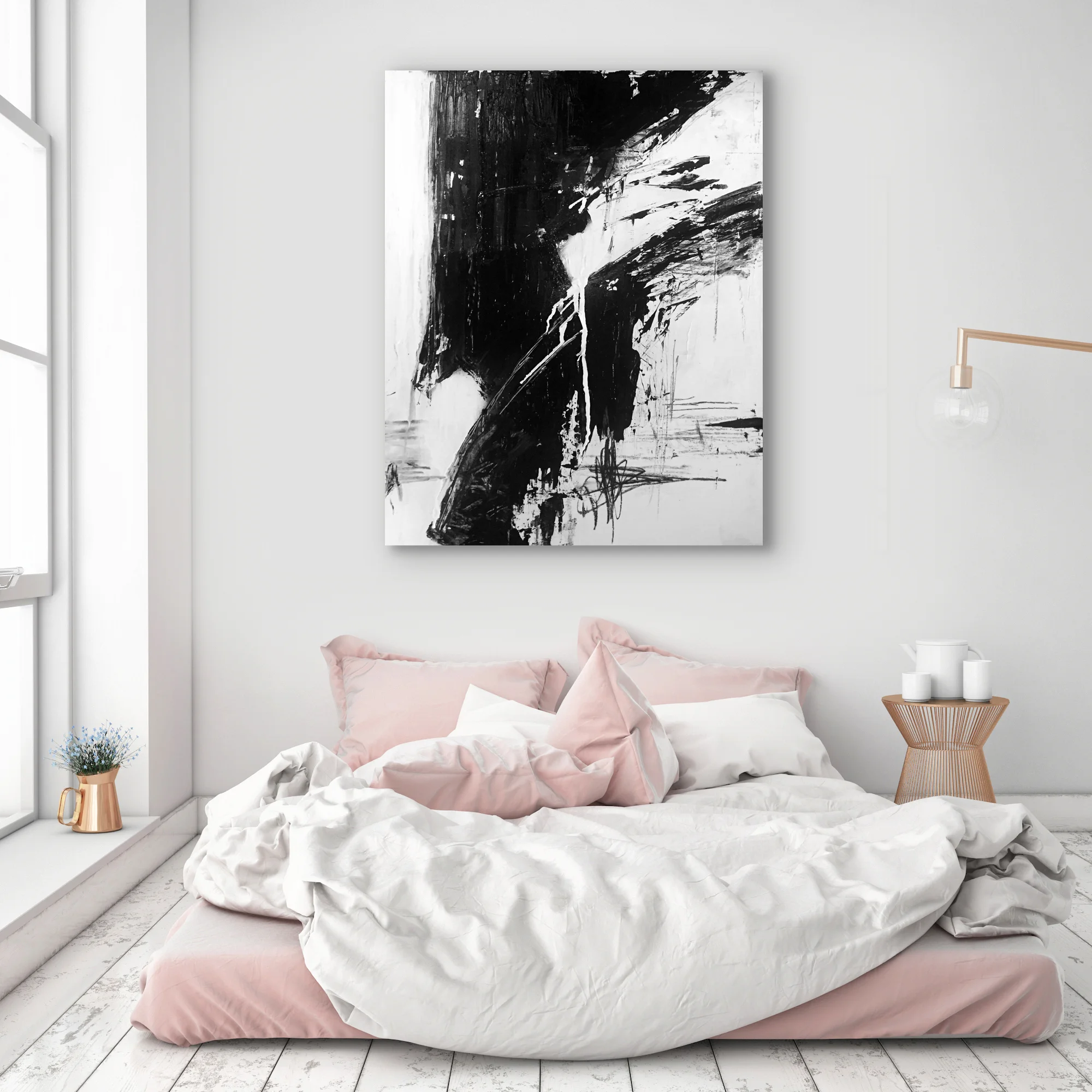 A study in two colors, this piece includes graphite, white and black acrylic, painted on a wood canvas. Wood has quickly become one of my favorite substrates to paint on because of its resiliency and ability to withstand abrasions, scrapes (intentionally of course) while maintaining shape.
