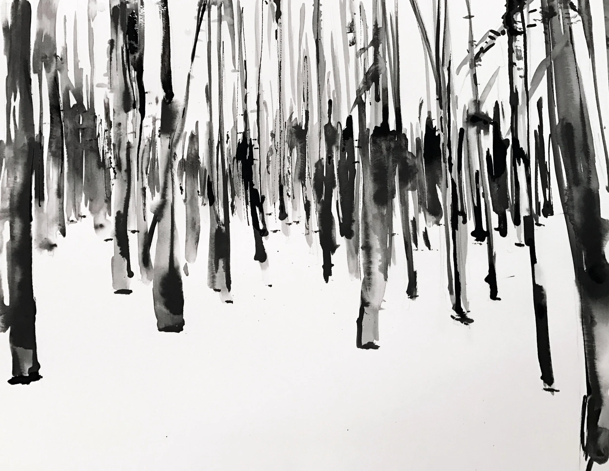The beauty of Winter- a study in black watercolor, ink and a whole lotta white space. 24"w x 18"h.
