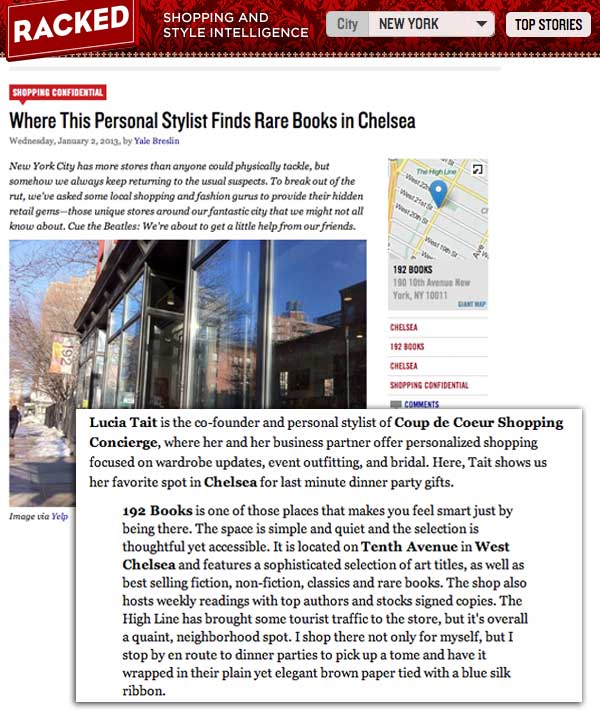 Racked , ‘Where This Personal Stylist Finds Rare Books in Chelsea’ - January, 2013