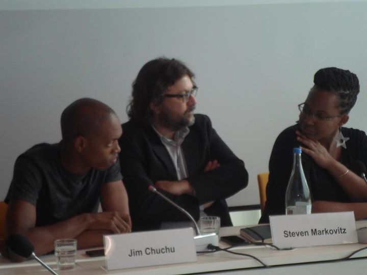  Jim Chuchu, Steven Markovitz and Njoki Ngumi speaking at a discussion panel on the film at the Heinrich Boell Foundation. 