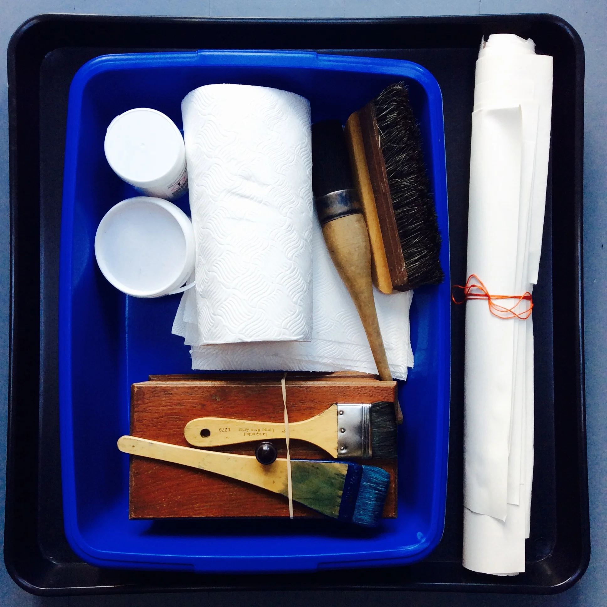 Trusty Workshop kit, including wallpaper brushes, cat litter trays and realms of kitchen towel, among other things….