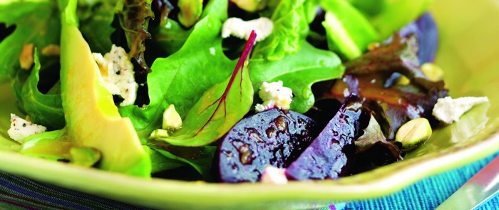 Mixed Greens With Roasted Beets And Avocado Tossed With Orange Shallot Vinaigrette Rebecca Katz