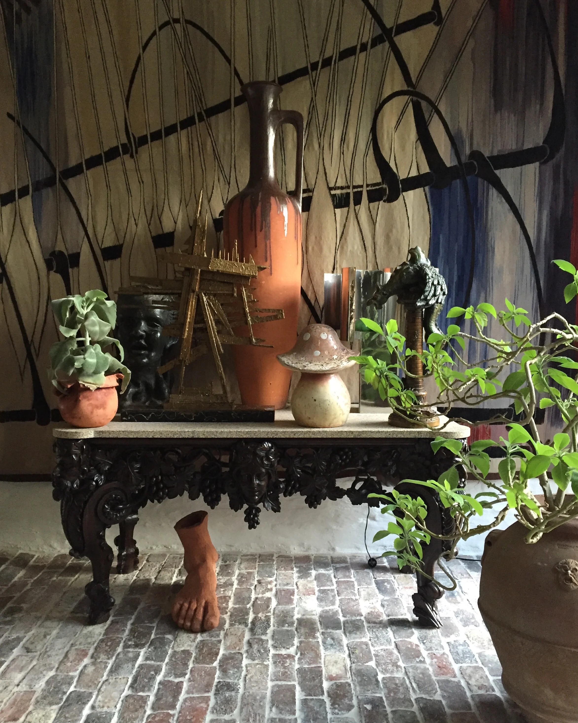Napoleon III oak console and 1950s Malines tapestry