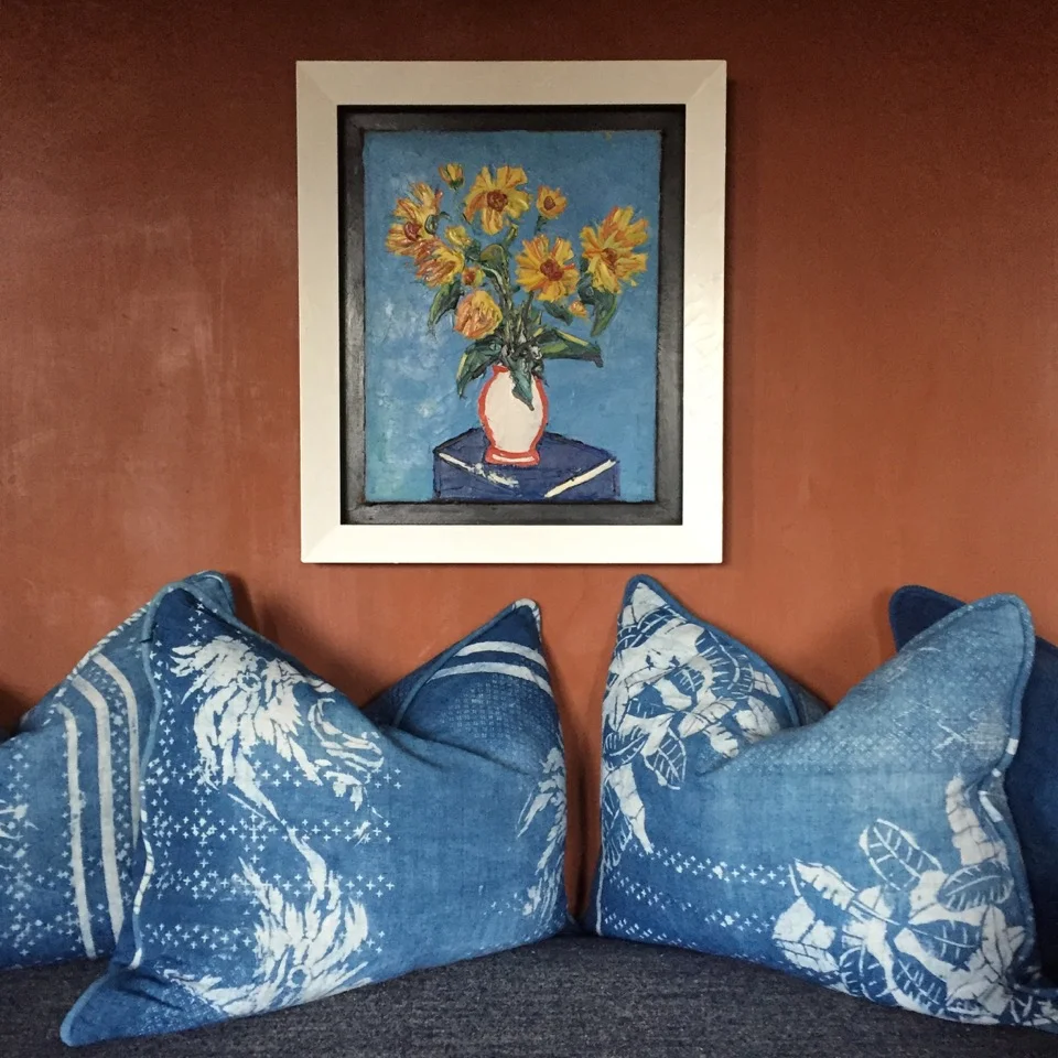 Marc Ingles denim cushions, Dutch "Nieuwe Stijl" painting