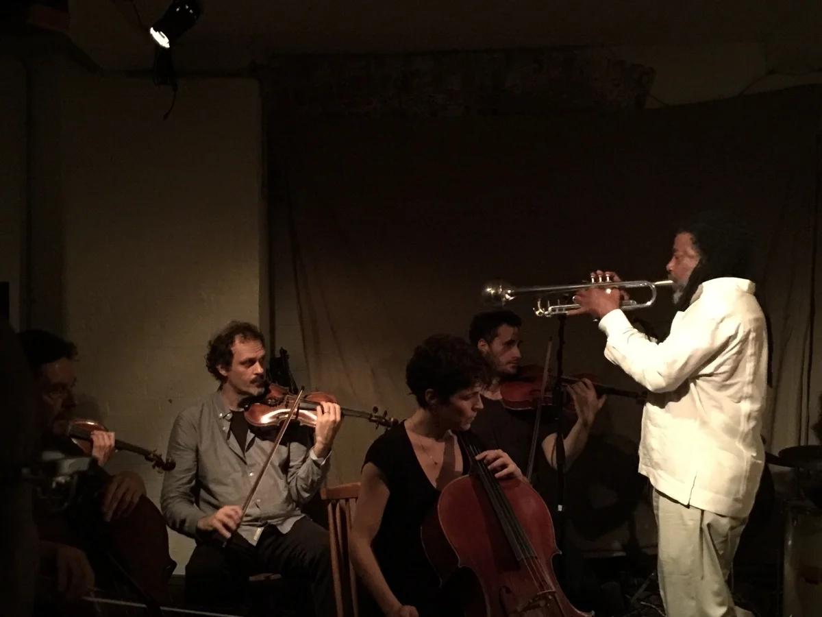 Marcio Mattos, Alison Blunt, Luiz Moretto, Paloma Carrasco, Benedict Taylor, Wadada Leo Smith photo by Karla Bessa