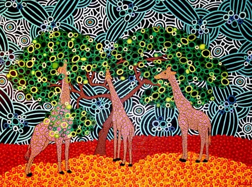 Giraffes Uner Tree, acrylic on canvas, 30" x 40"