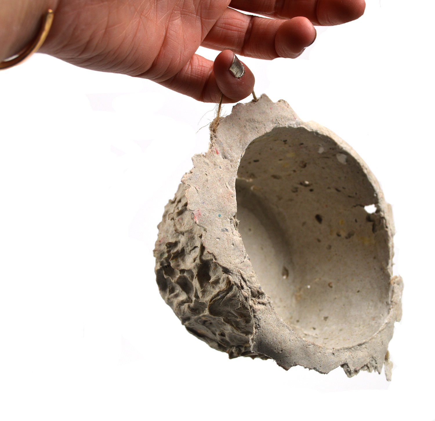 scrap paper composite cast over cup with burlap structure, flour was used as a binder