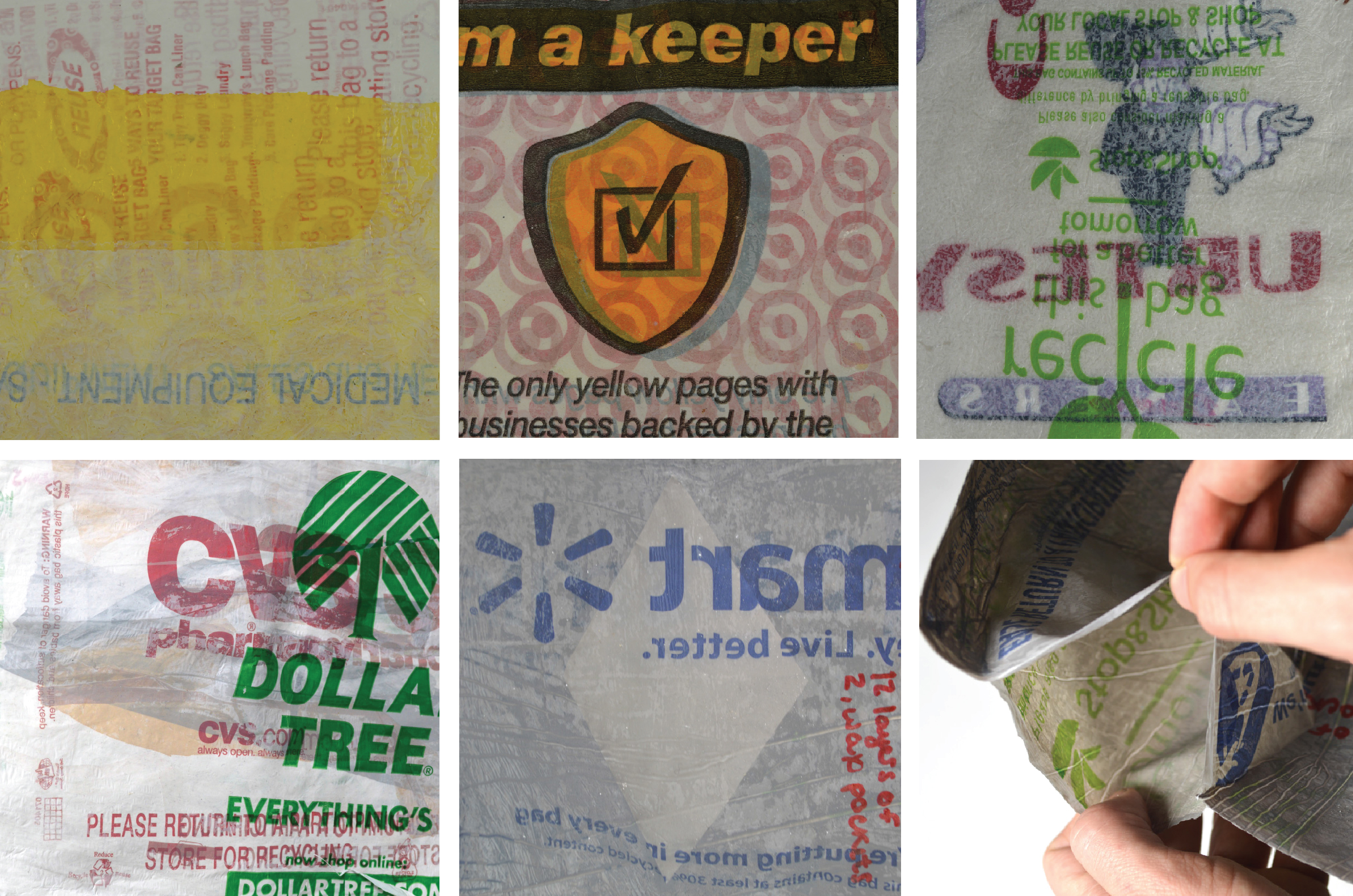 sheet plastic samples created from plastic bags pressed together in a tortilla press