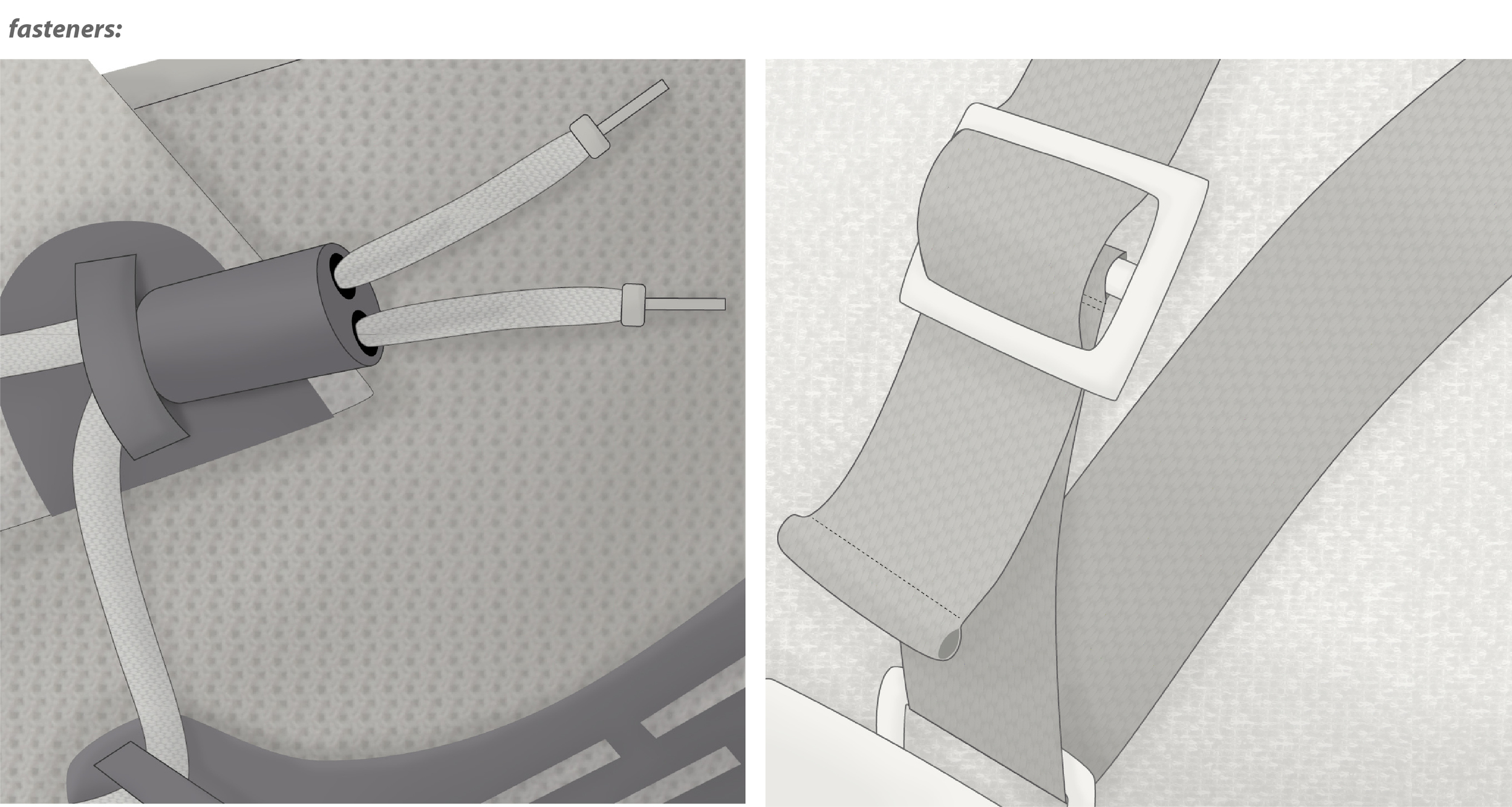 left: laces on the leisure slip-on are pulled through a cordlock-inspired piece to tighten. right: webbing on the sport slip-on is pulled through a fastener inspired by backpack hardware.