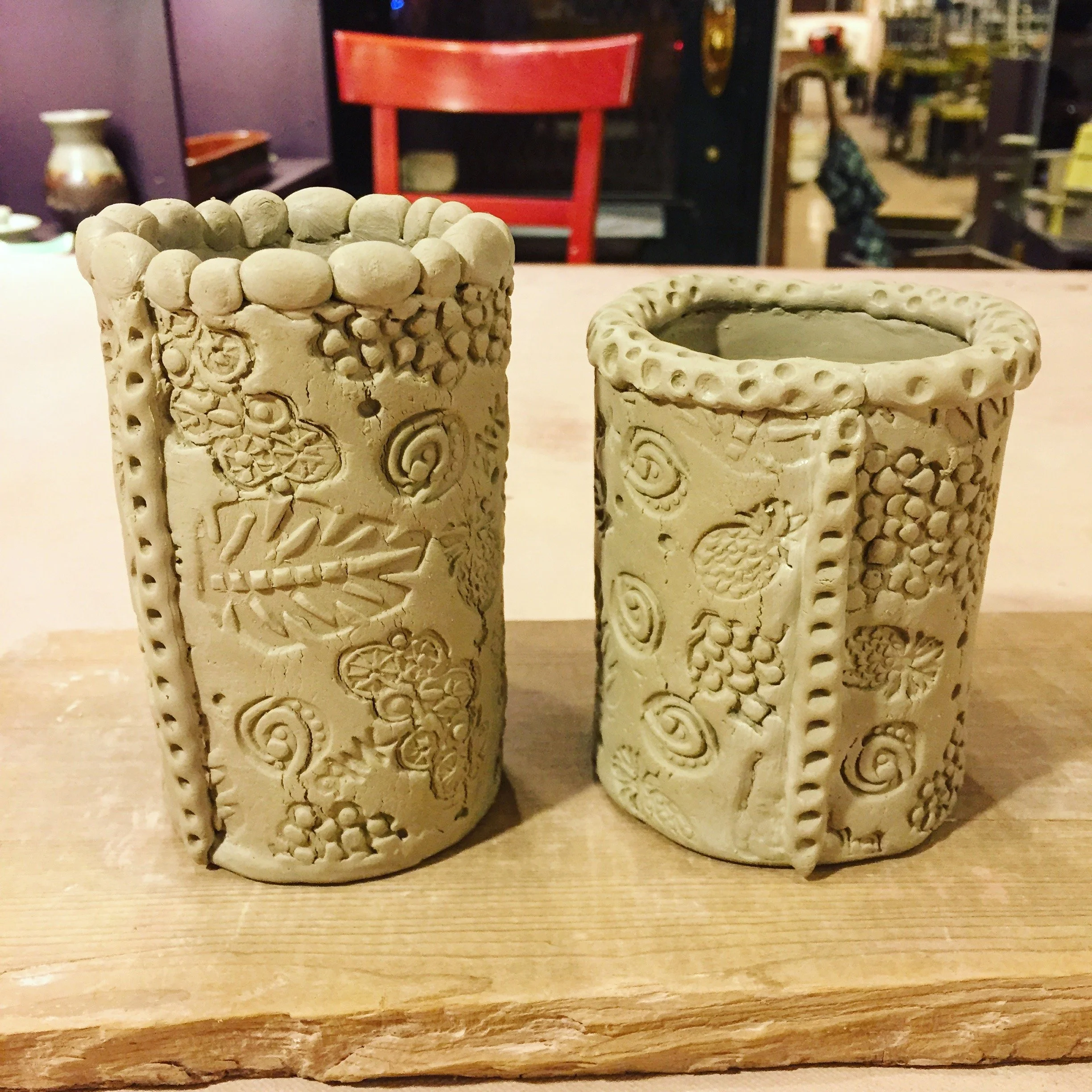 Textured vases, greenware