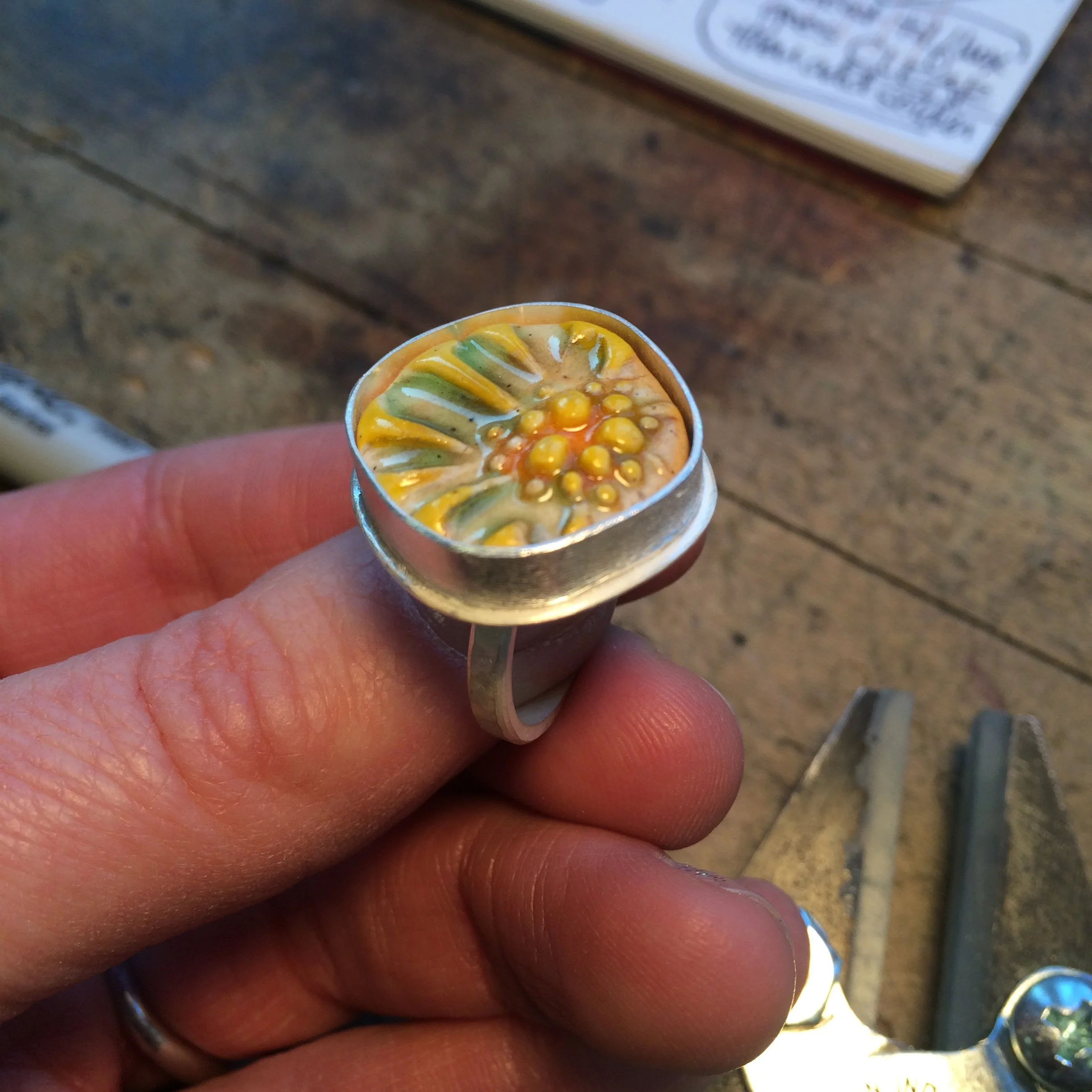 Ring in progress · stoneware, sterling silver