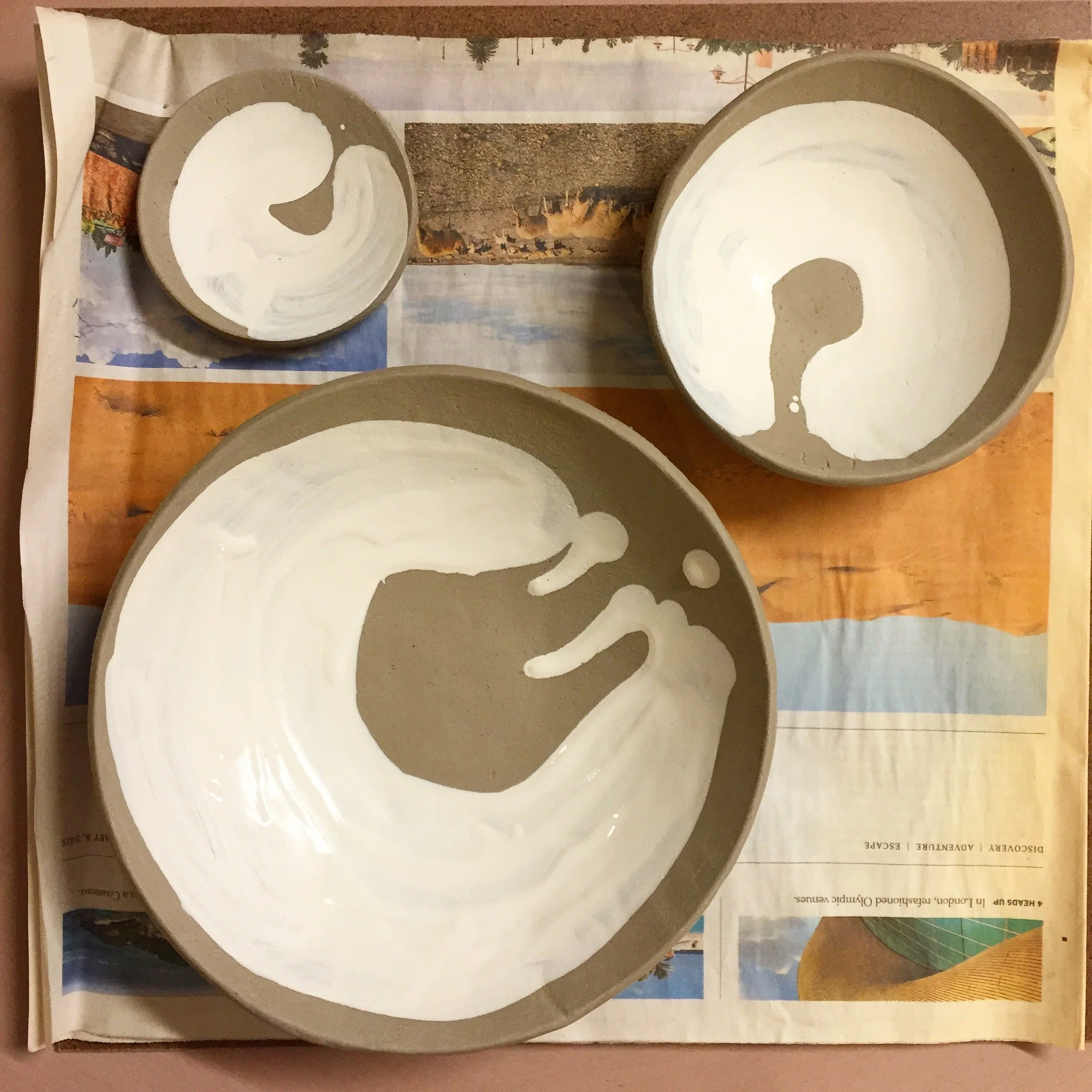 Slip-decorated bowls, greenware