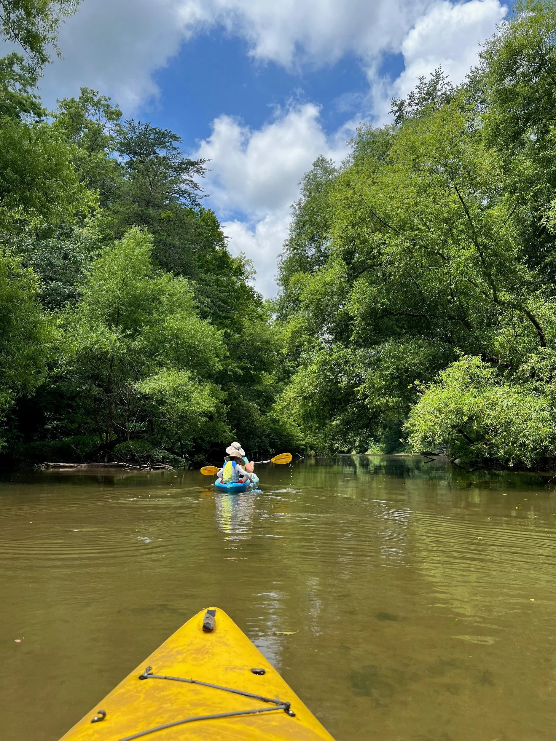Yellow kayak bow on a green river, another paddler ahead