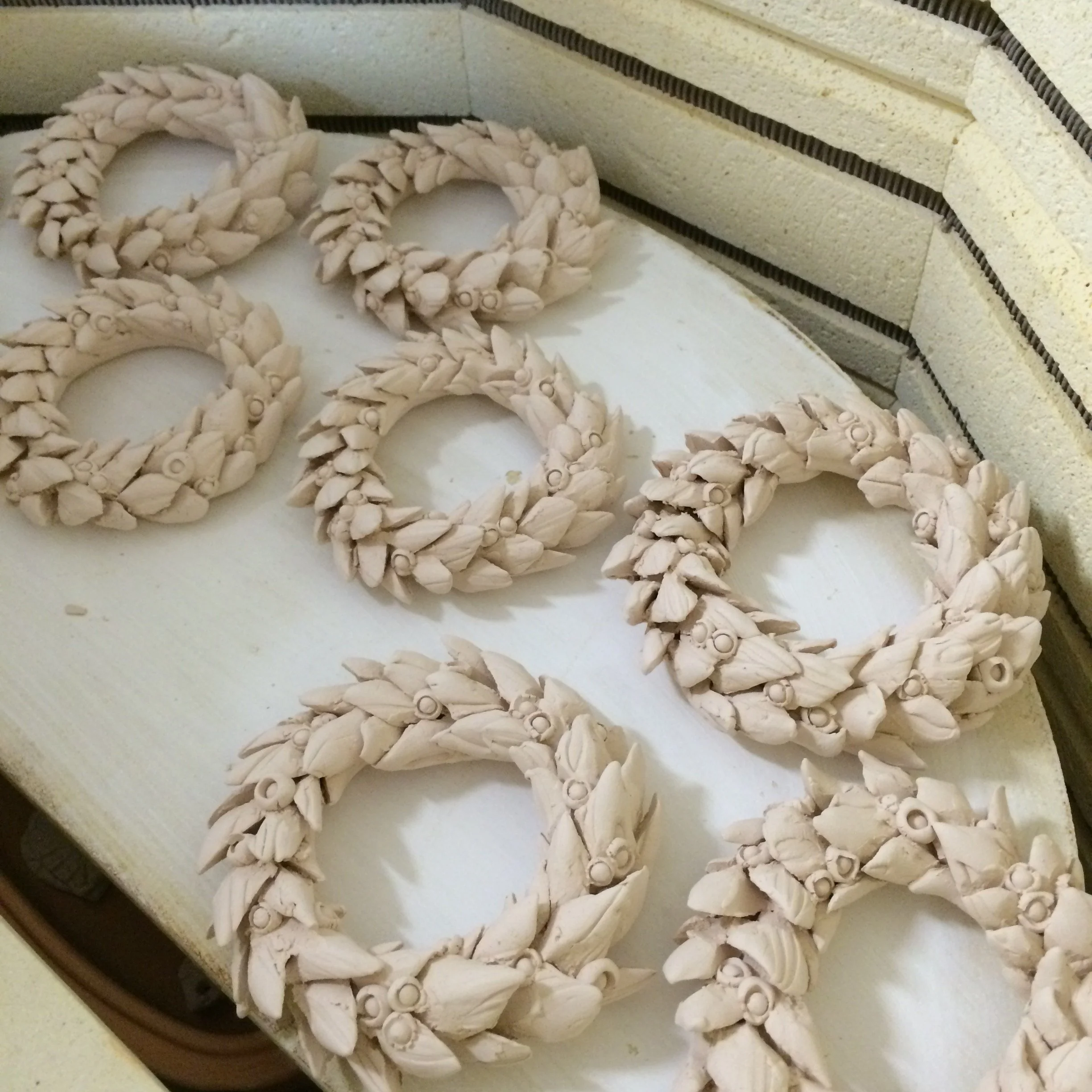 Wreaths loaded in the kiln