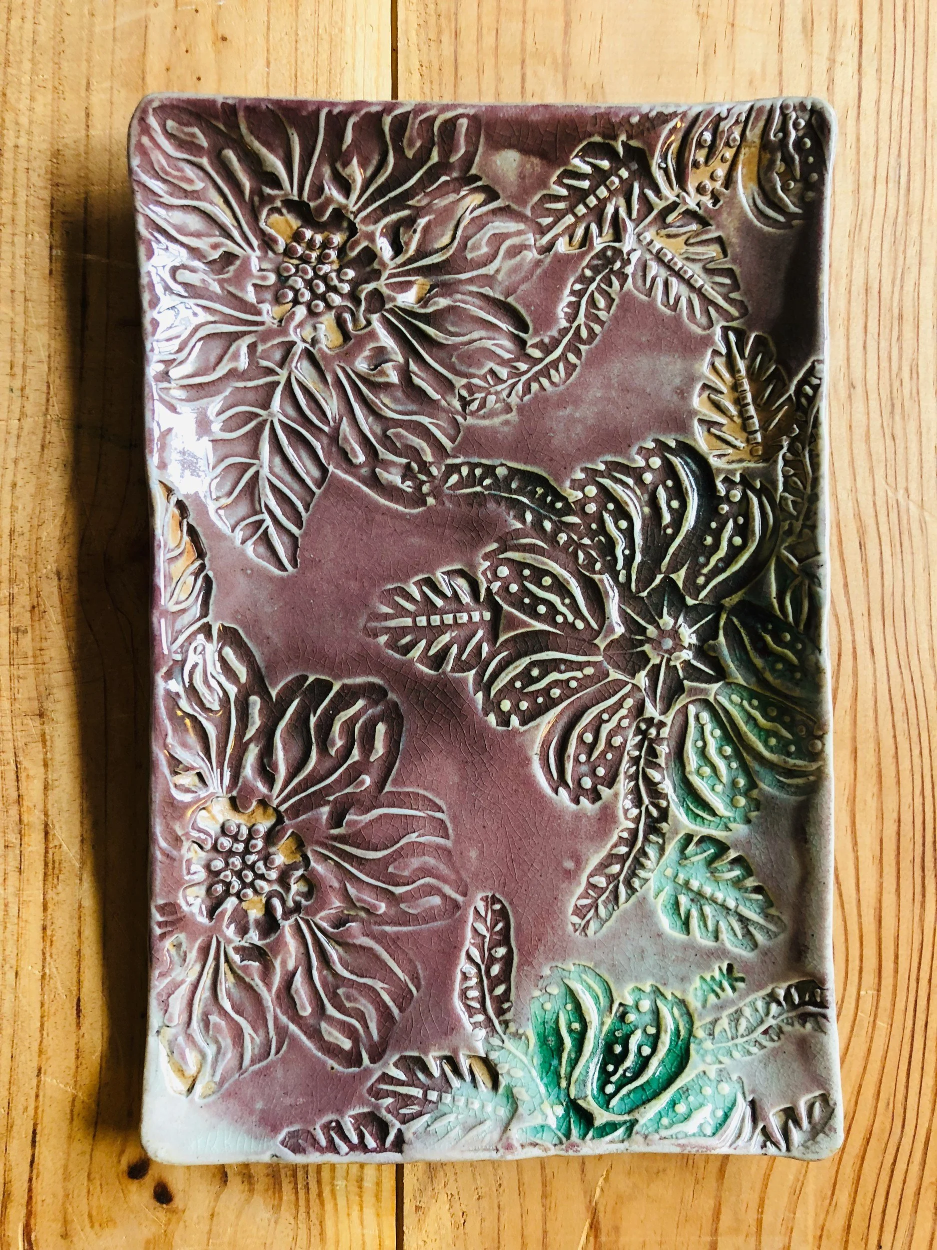 Plum floral textured tray · salt-fired stoneware
