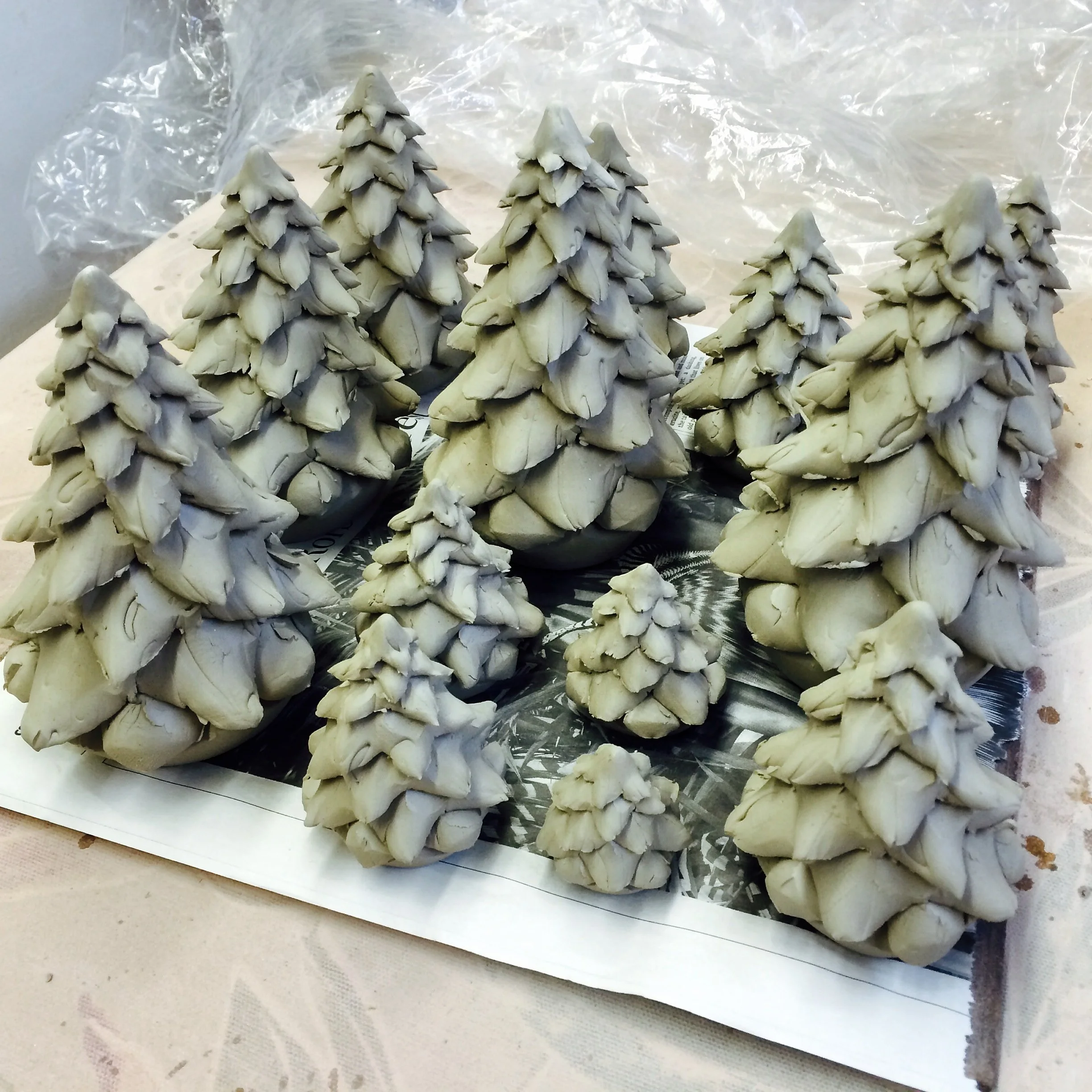 Pine trees, white greenware