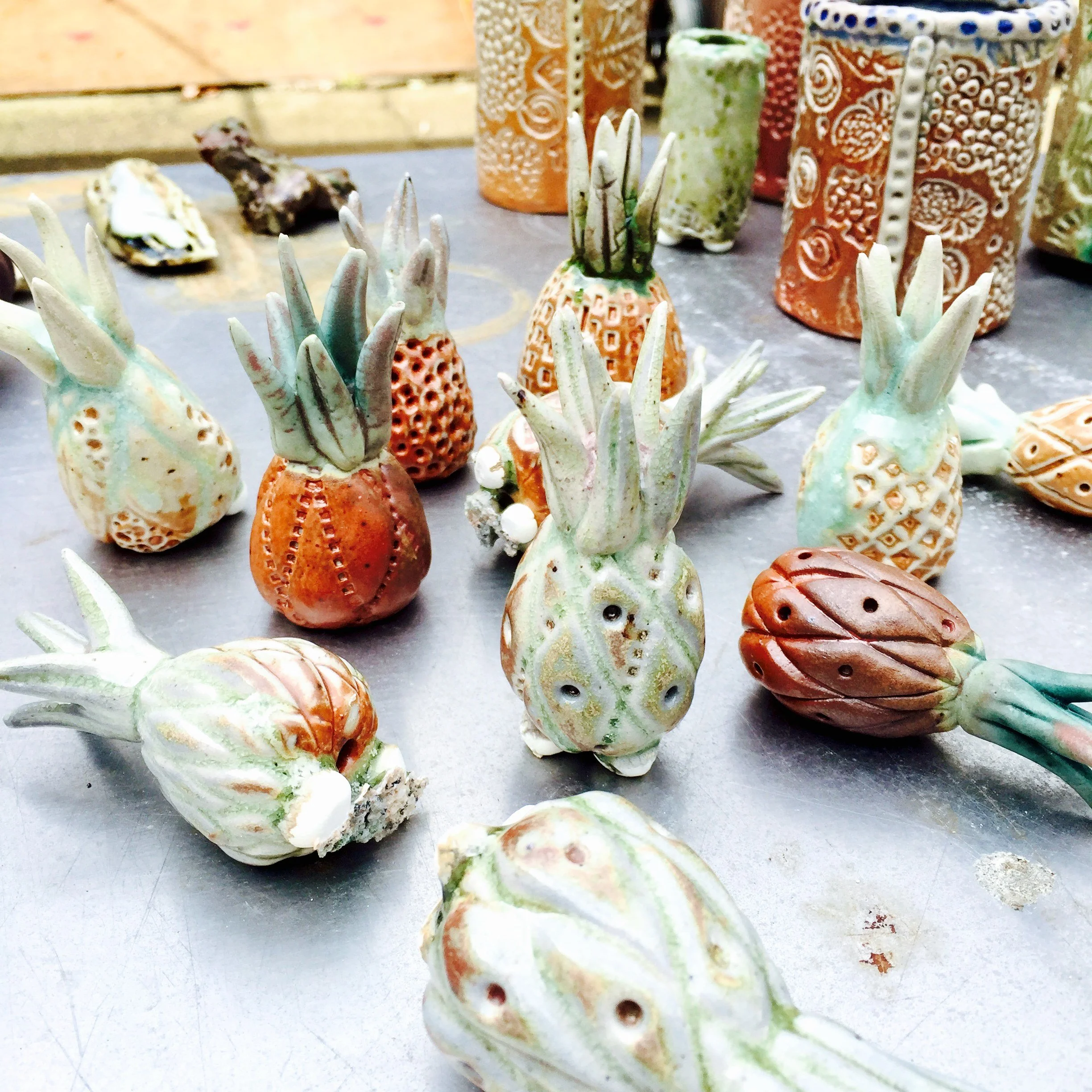 Pineapple sculptures · salt-fired stoneware