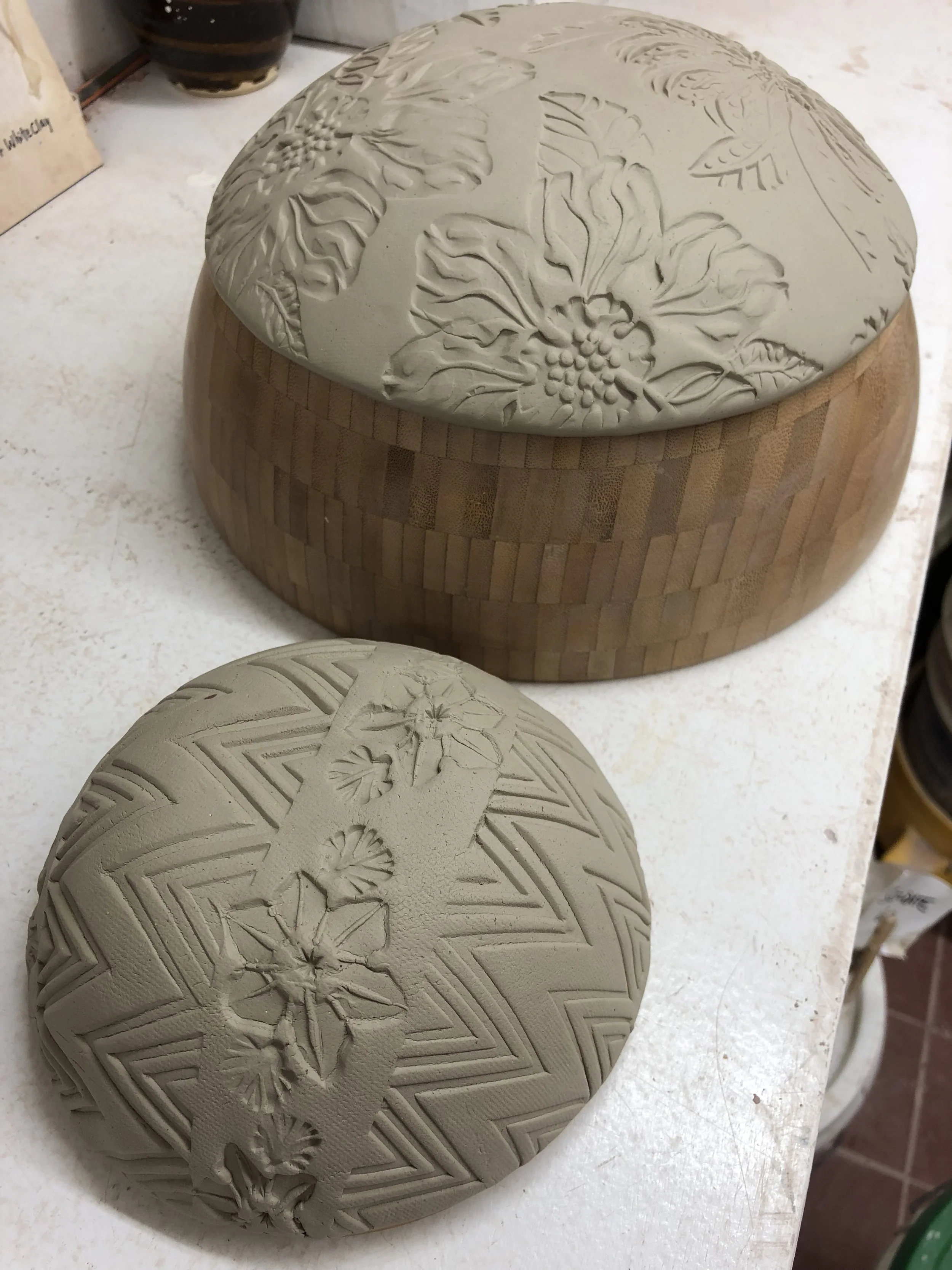 Textured bowls on hump molds, greenware