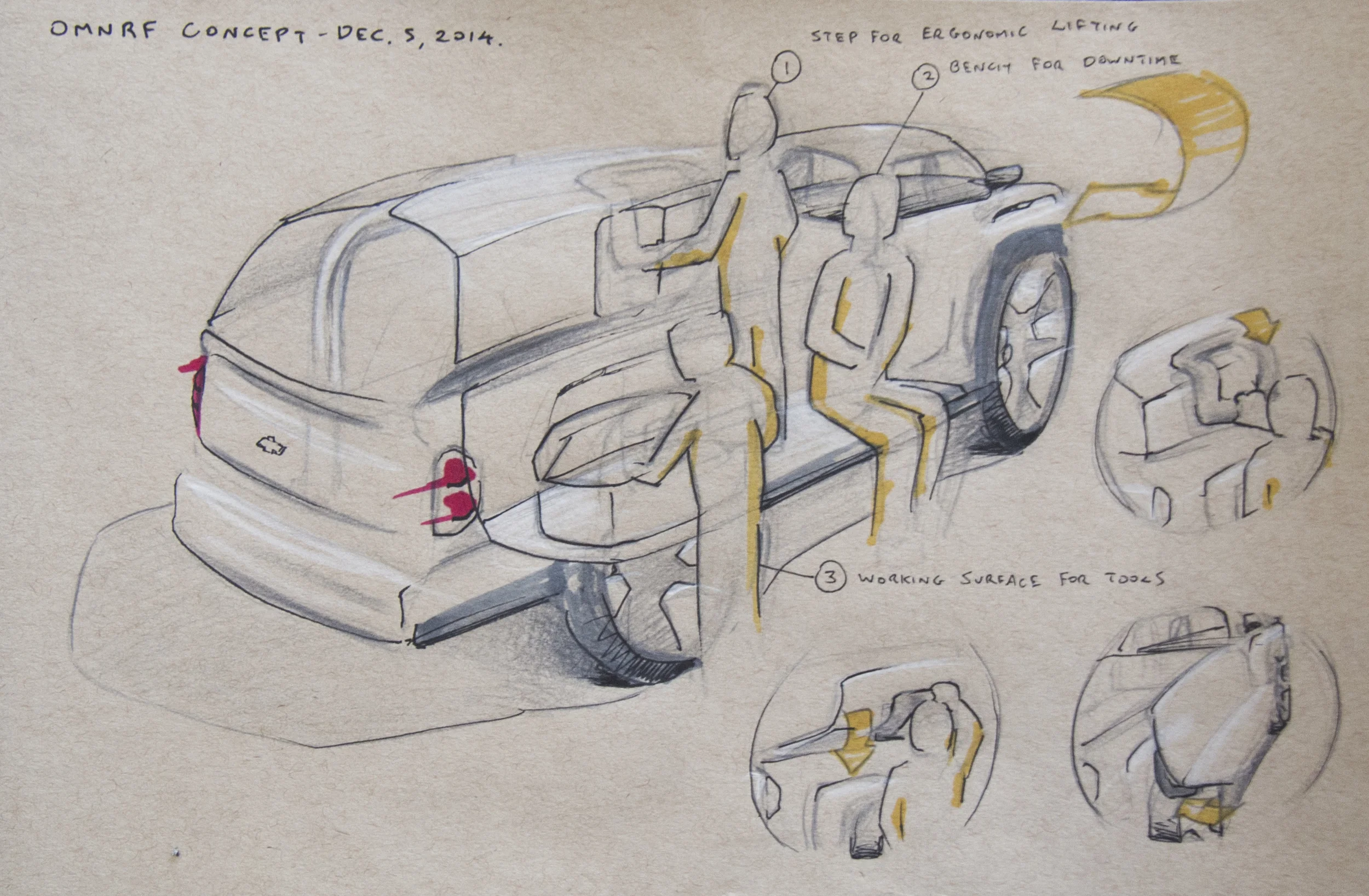 In this concept iteration, the doors serve three main functions in addition to the enclosure aspect. They provide a step-up for better side access and safer lifting, they provide a workspace for tools and small items, and they provide a bench for sitting and downtime. As before, the handle used to open the enclosure doubles as a stopper that rests against the tire of the truck to prevent body damage.