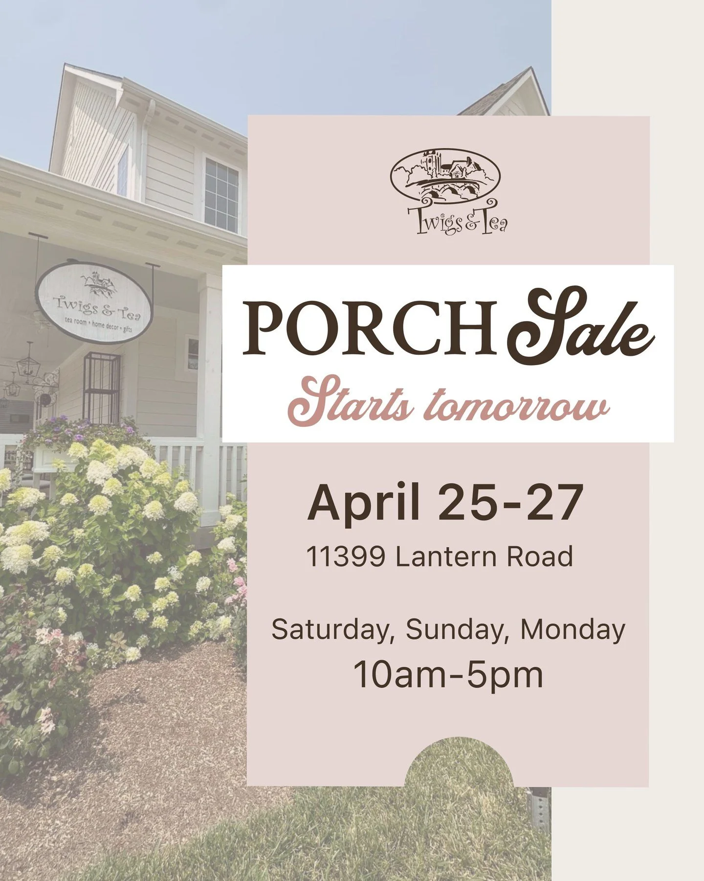 It starts tomorrow 🙌 🛍️

Porch Sale
April 25&ndash;27 | 10am&ndash;5pm

Up to 75% off porch merchandise
25% off everything in store

Doors open at 10! 💐