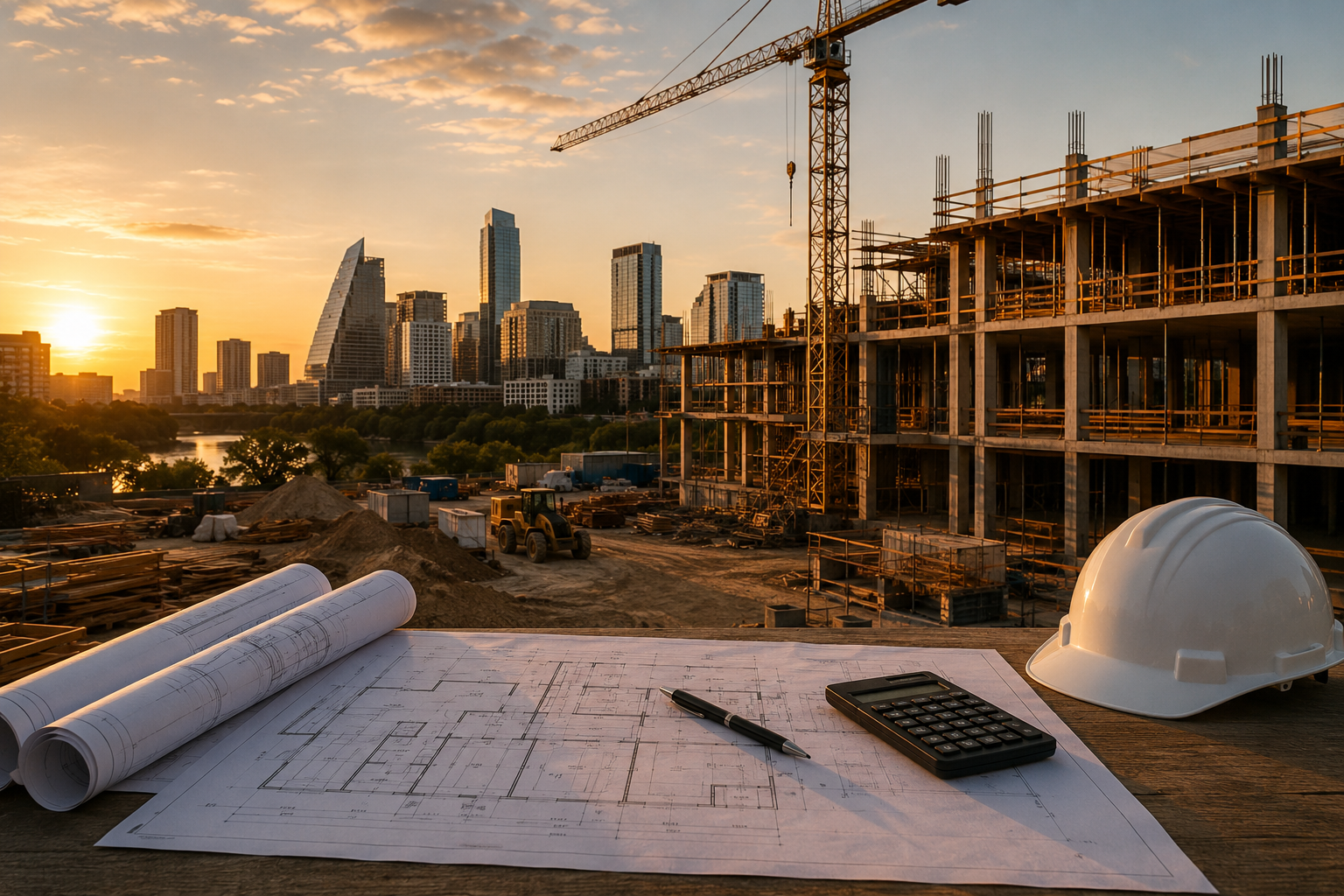 Construction site with building framework, construction crane, architectural blueprints, a pen, a calculator, and a white safety helmet in the foreground, with a city skyline and sunset in the background.