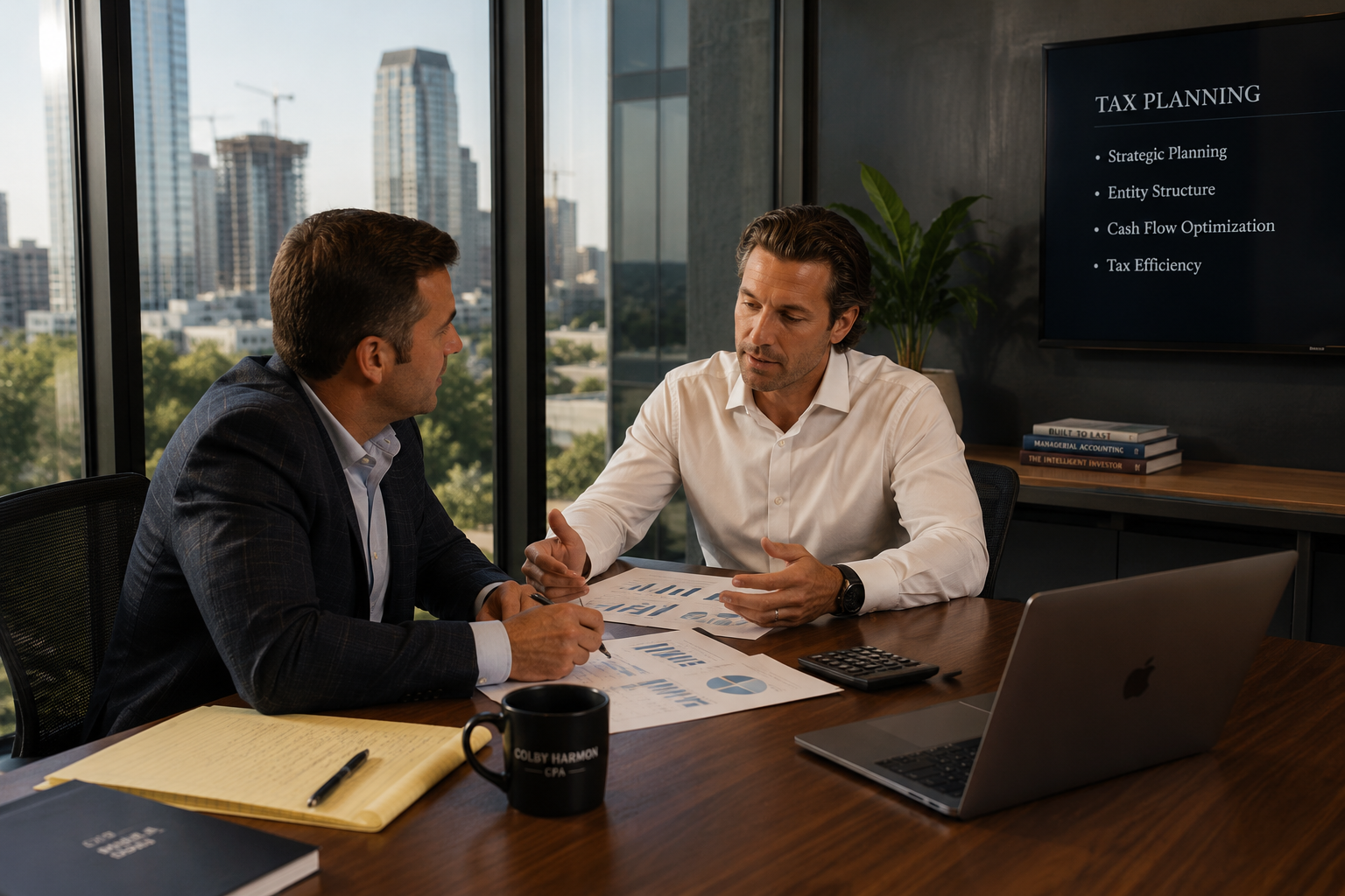 Two men in business attire having a discussion at a desk with financial documents, a laptop, and a calculator in a modern office. One man is gesturing while the other listens. A window shows a cityscape with tall buildings in the background. A screen displays 'Tax Planning' and related topics.