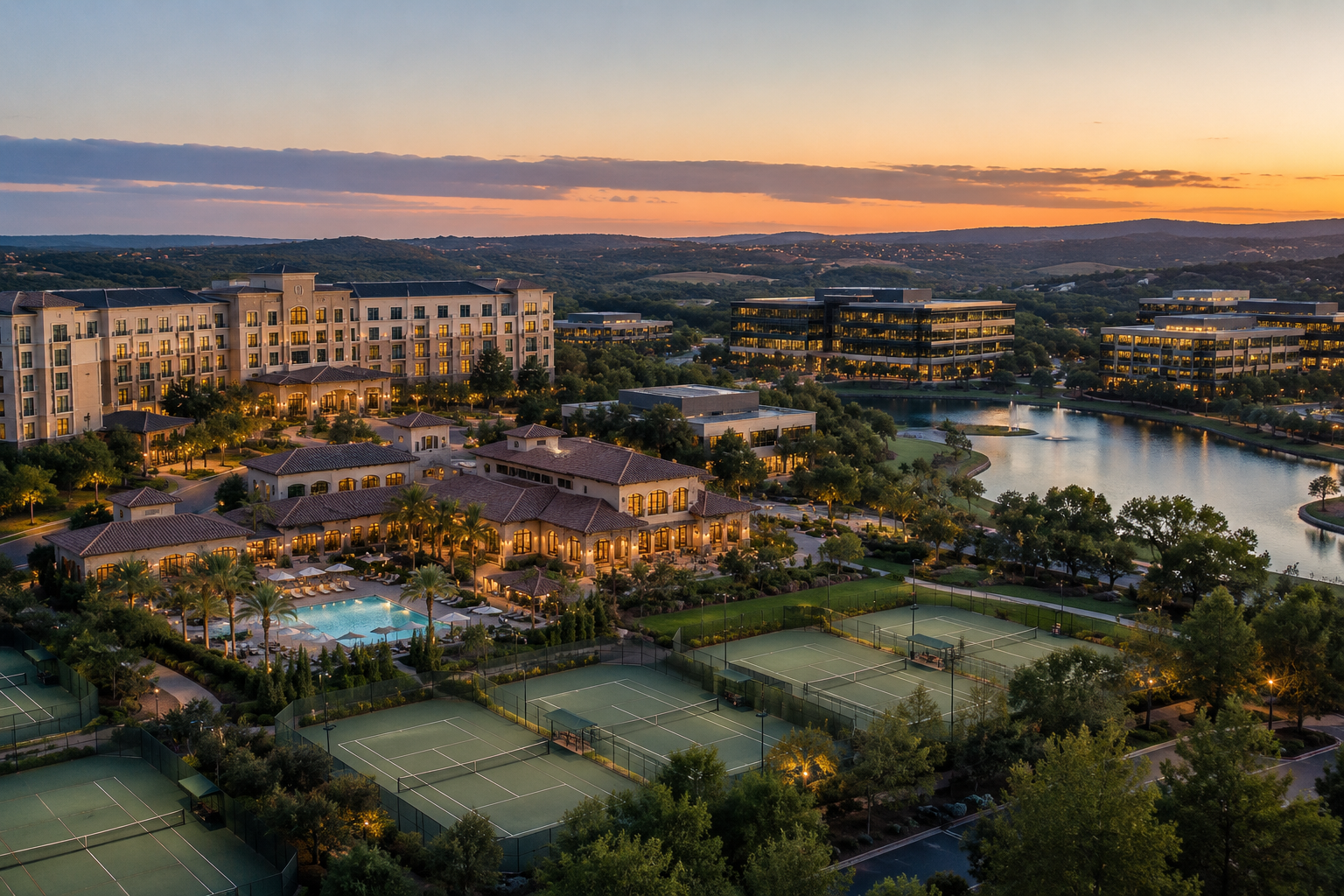 Aerial view of a luxury resort during sunset with tennis courts, a swimming pool, landscaped gardens, and modern buildings around a scenic lake.
