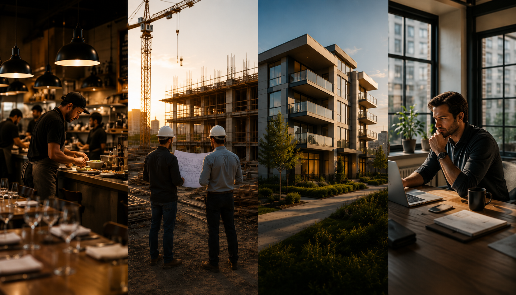 A collage of four images: a restaurant kitchen with a chef preparing food, construction workers at a building site with cranes, a modern residential building, and a man working on a laptop indoors near large windows.