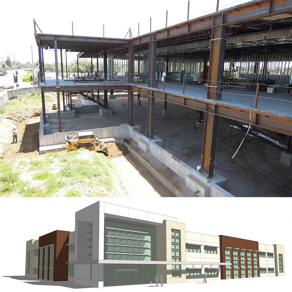 Photo caption: View from the northwest looking east Image caption: Rendered view of main entry