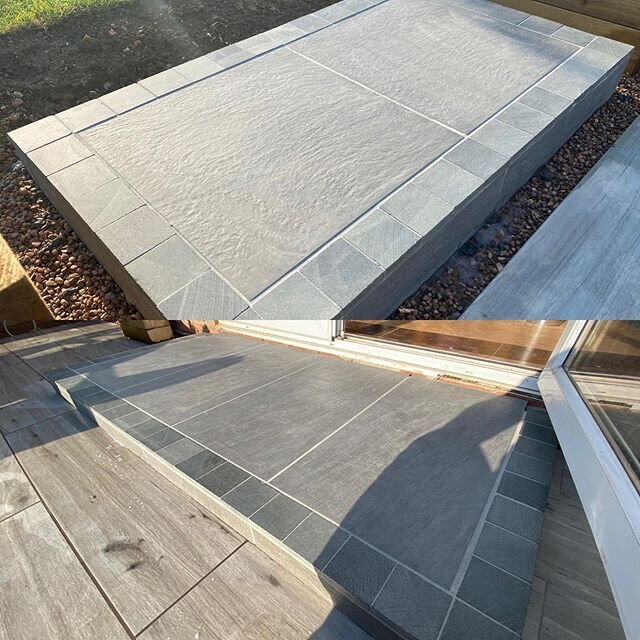 Porcelain steps with granite edging setts completed today as part of the existing porcelain plank paving project we are on. #porcelain #porcelainpaving #porcelainpavingspecialists #porcelainpatio #granite #granitesetts #garden #gardenlife #gardenland