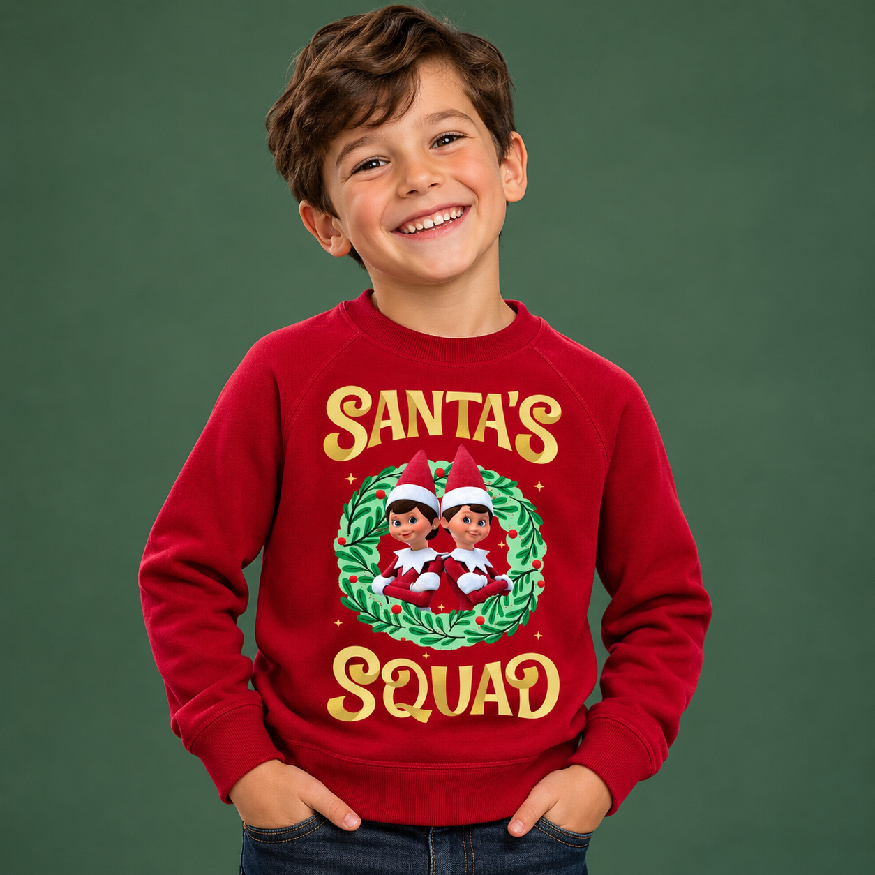 Smiling young boy wearing a red Christmas sweatshirt featuring a festive “Santa’s Squad” graphic with two cheerful Scout Elves inside a green holiday wreath, paired with dark blue jeans against a forest green background.