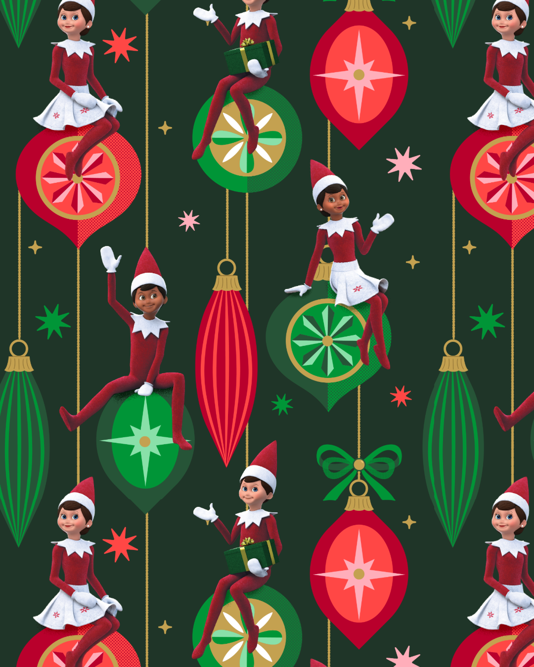 Illustrated icons for Elf on the Shelf branding style guide repeating pattern with ornaments