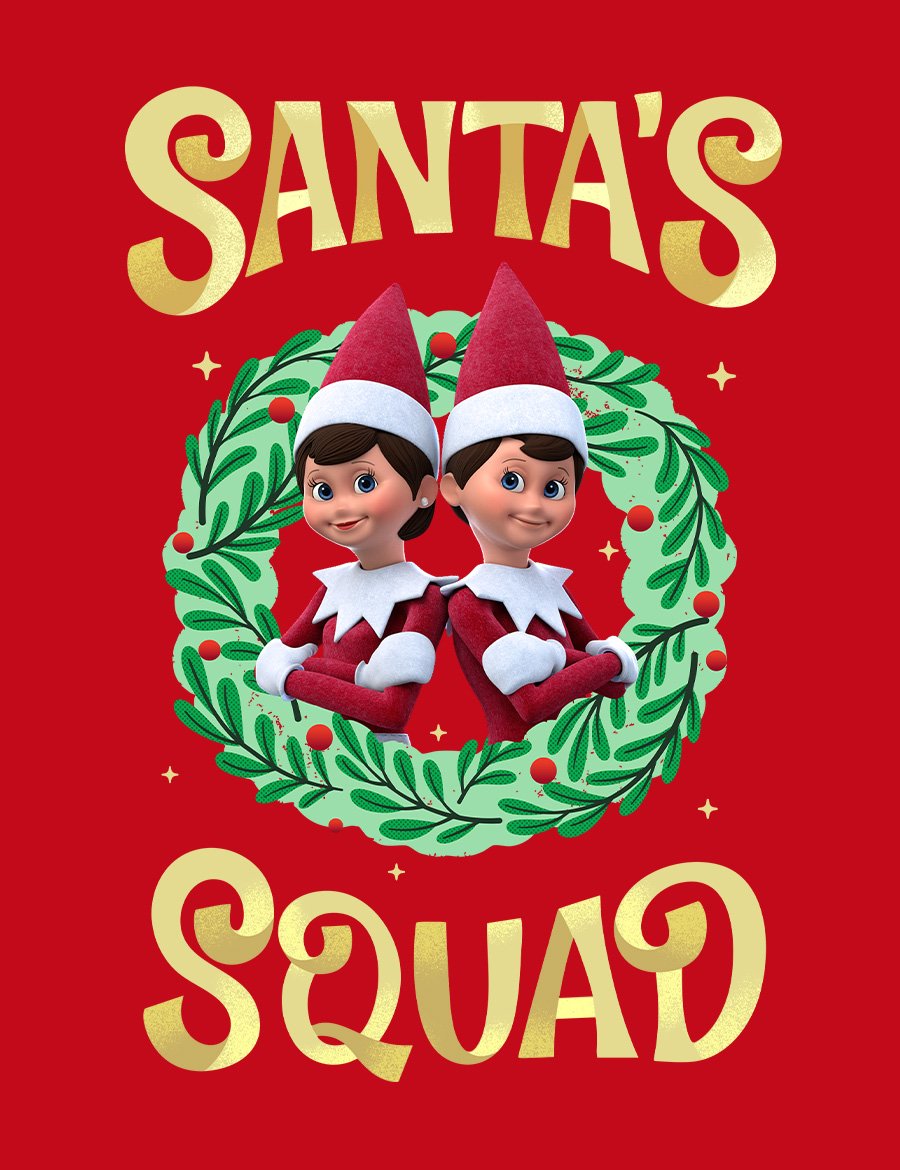 Festive Christmas illustration featuring two cheerful Scout Elves standing back-to-back inside a decorative green holiday wreath with red berries. Bold gold retro lettering reads “Santa’s Squad” against a bright red background, accented with sparklin