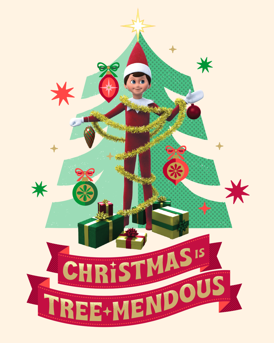 Illustrated icons for Elf on the Shelf branding style guide, illustrated badge that reads "Christmas is Tree-Mendous"
