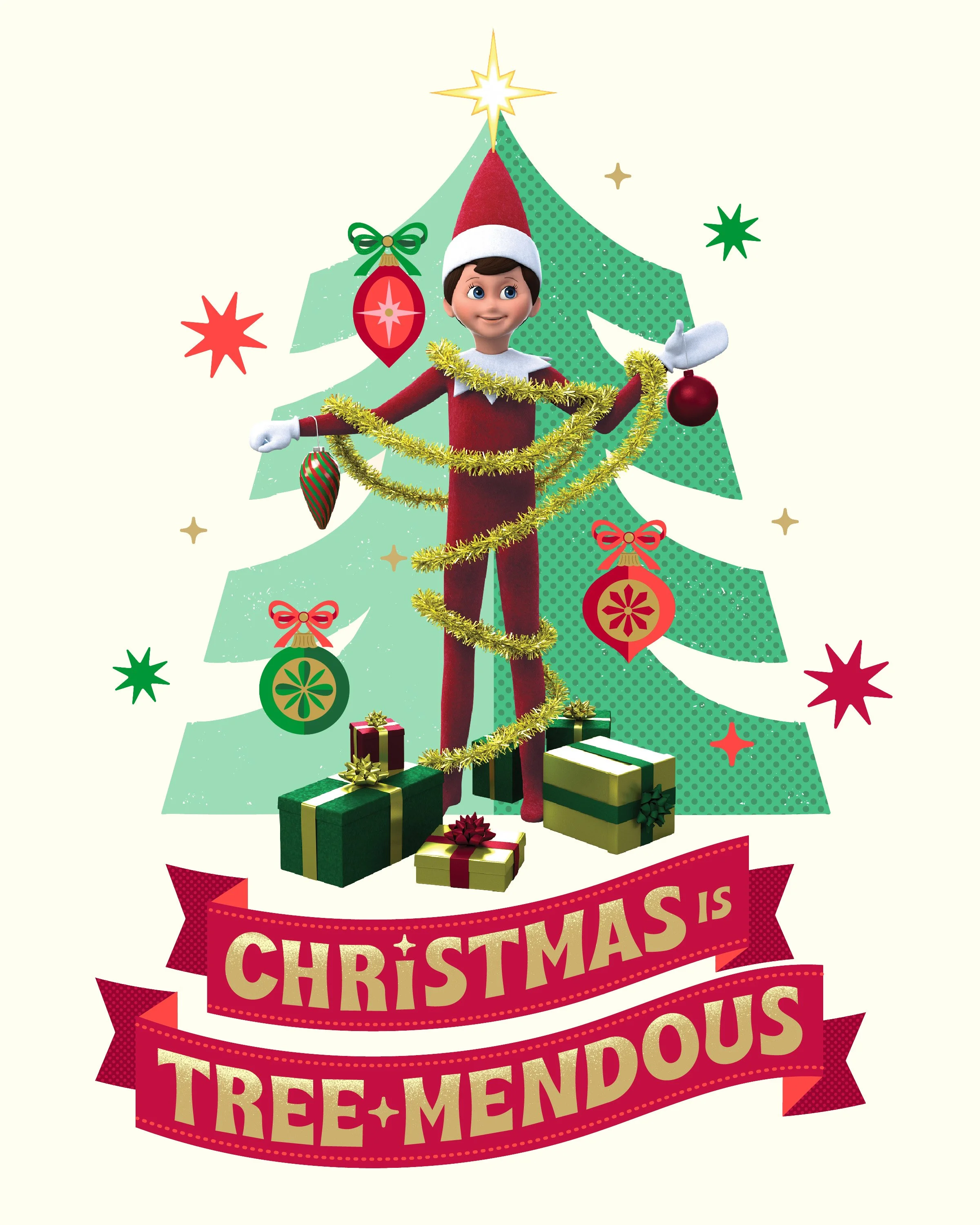 Festive Christmas illustration featuring a cheerful Scout Elf wrapped in gold tinsel garland, standing in front of a decorated green Christmas tree with colorful ornaments, wrapped presents, and a glowing star. Bold gold retro lettering on red ribbon