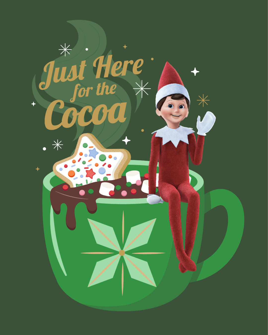 Illustrated icons for Elf on the Shelf branding style guide, badge includes green mug of cocoa with "Just Here for the Cocoa