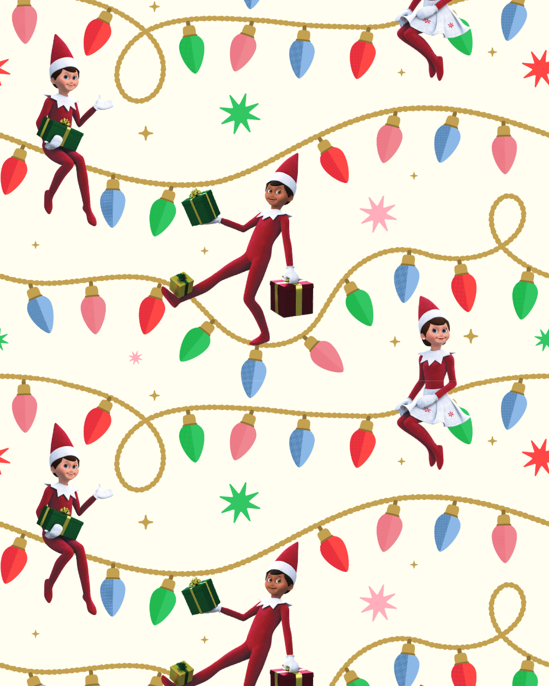 Illustrated icons for Elf on the Shelf branding style guide, repeating pattern of holiday lights