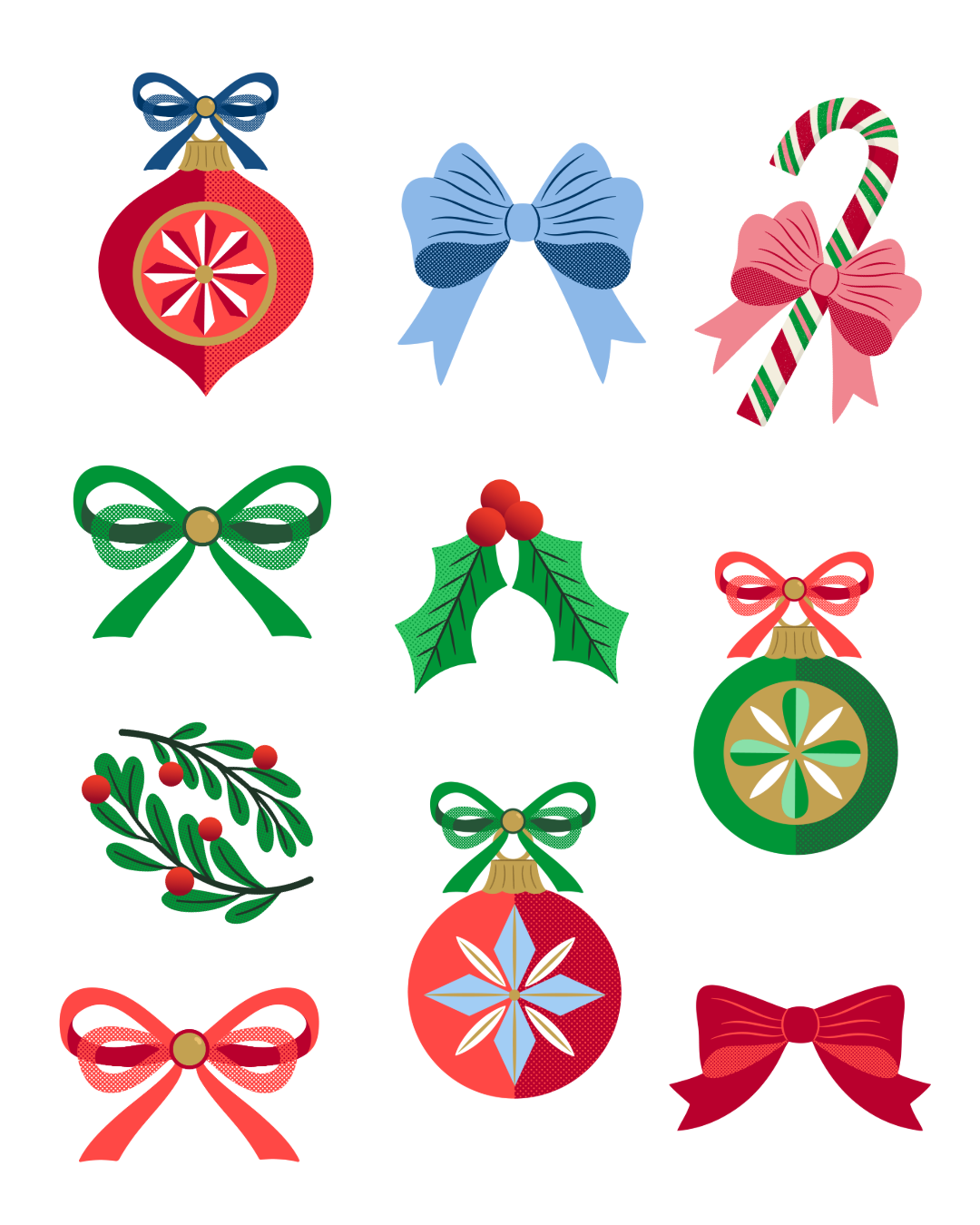 Illustrated icons for Elf on the Shelf branding style guide including ornaments, bows, holly leaves and candy cane