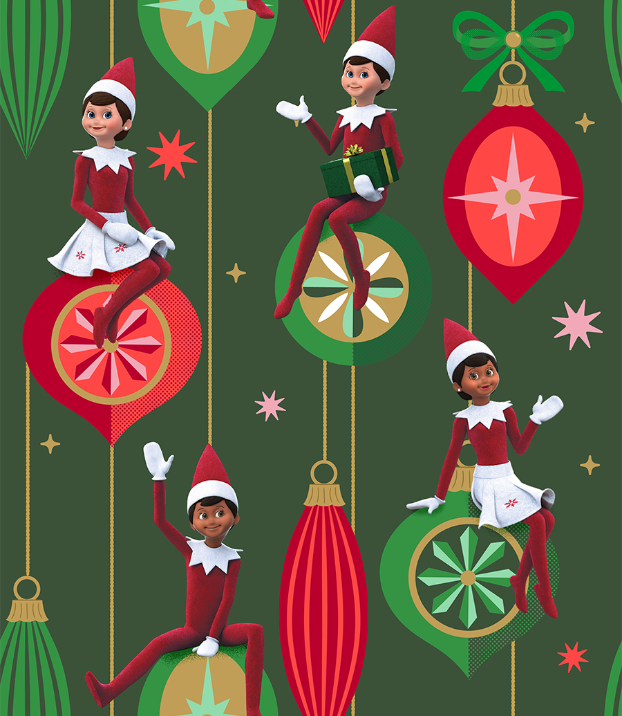 Festive Christmas repeating pattern featuring cheerful Scout Elves sitting on colorful vintage holiday ornaments in red, green, pink, and gold. Retro-inspired ornament designs, hanging gold strings, decorative bows, and sparkling stars create a playf
