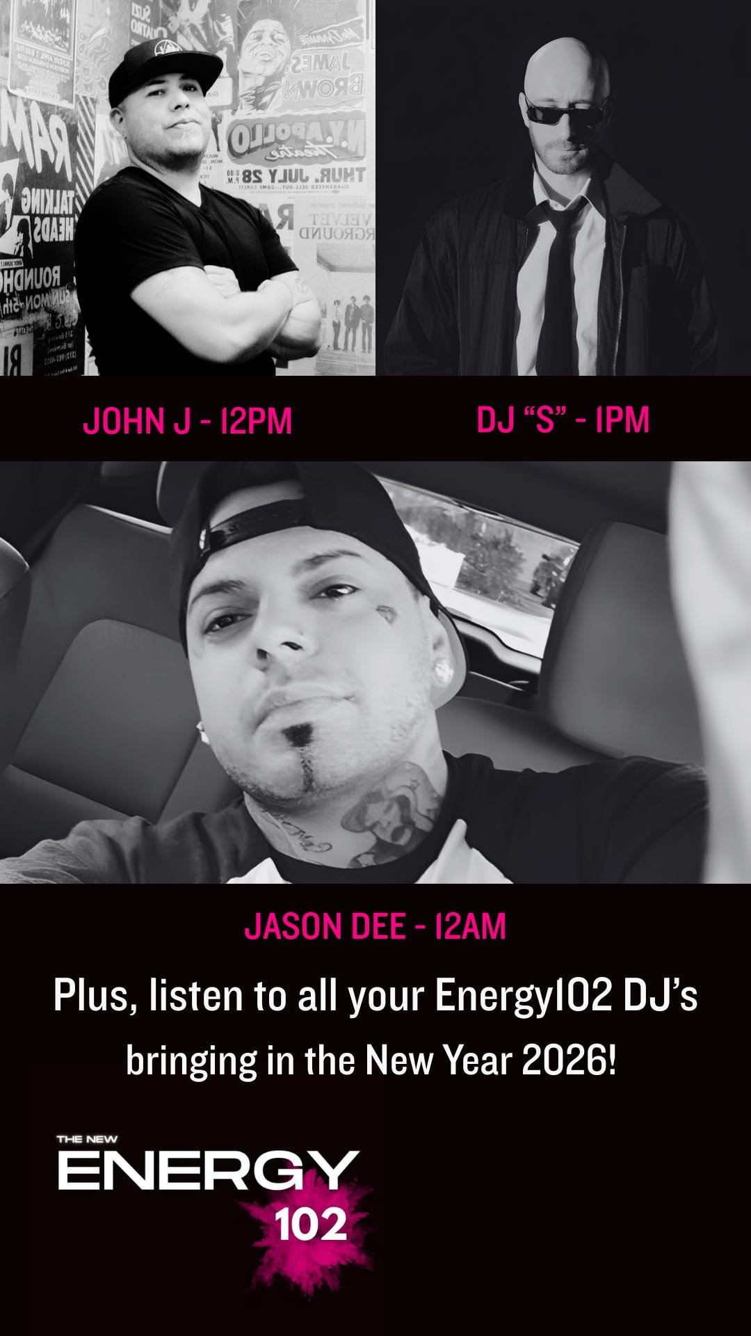Catch me in the mix at 12pm getting the party started with , DJ &ldquo;S&rdquo;, DJ Jason Dee and all the Energy 102 Djs bringing in the New Year 2026 with straight heat! 

Be safe and responsible! 

Listen at http://www.102energy.com