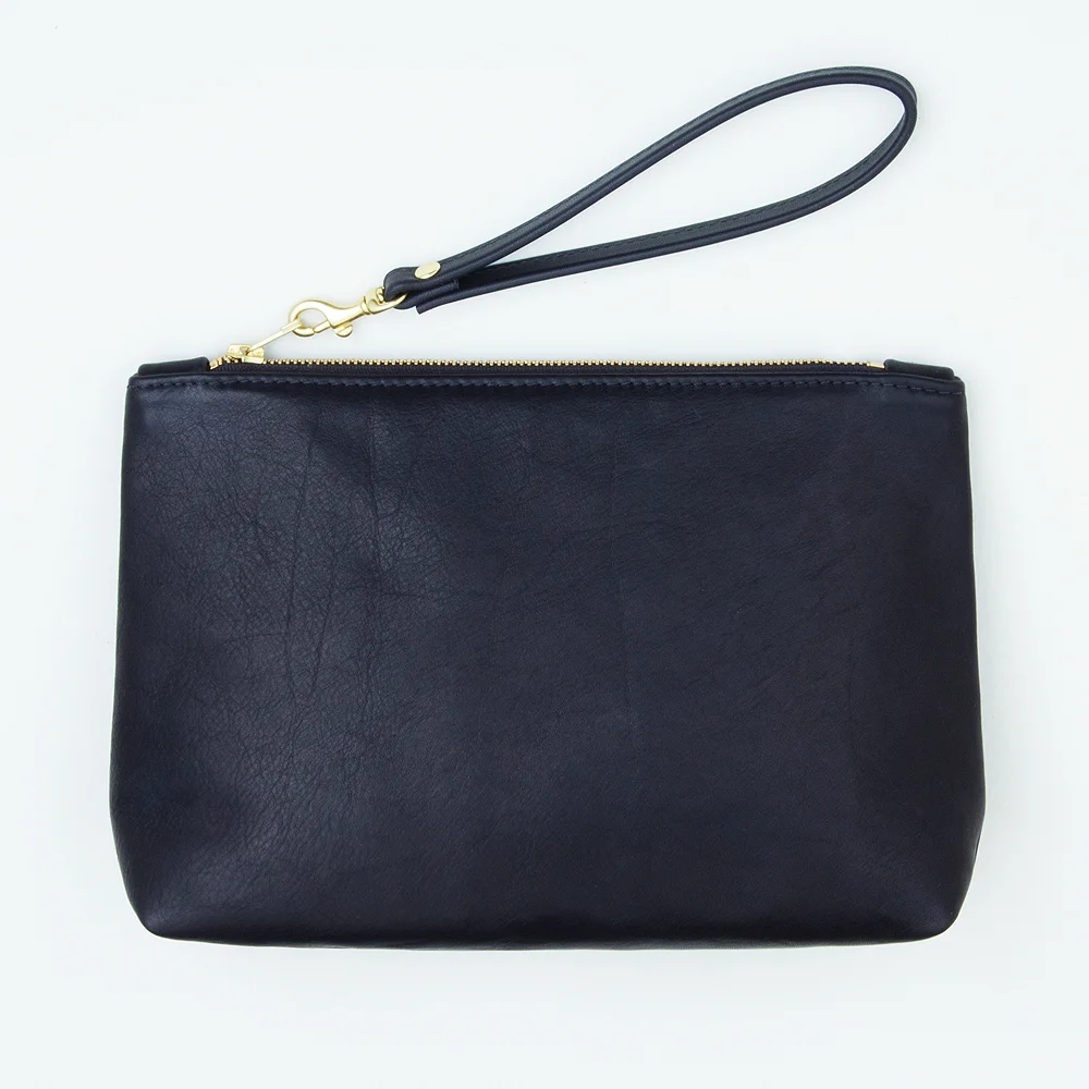 NEW Wide Black Leather Clutch with Tassel and Wrist Strap.jpg