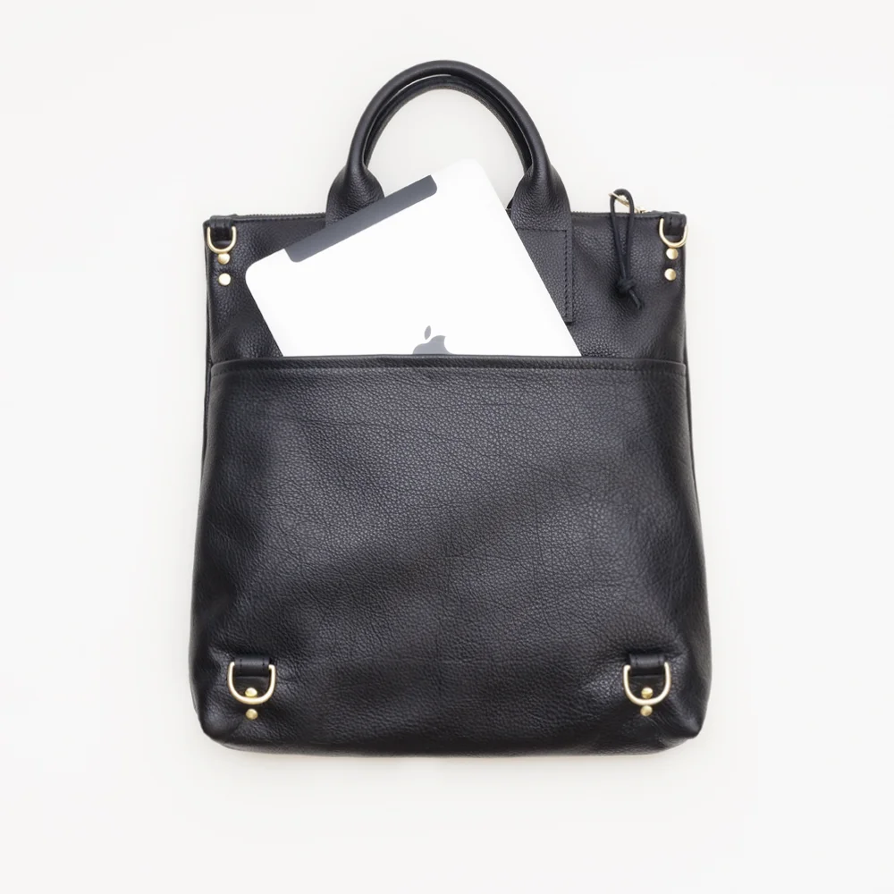 NEW Black Leather Convertible Backpack Top Shot Back with iPad.jpg