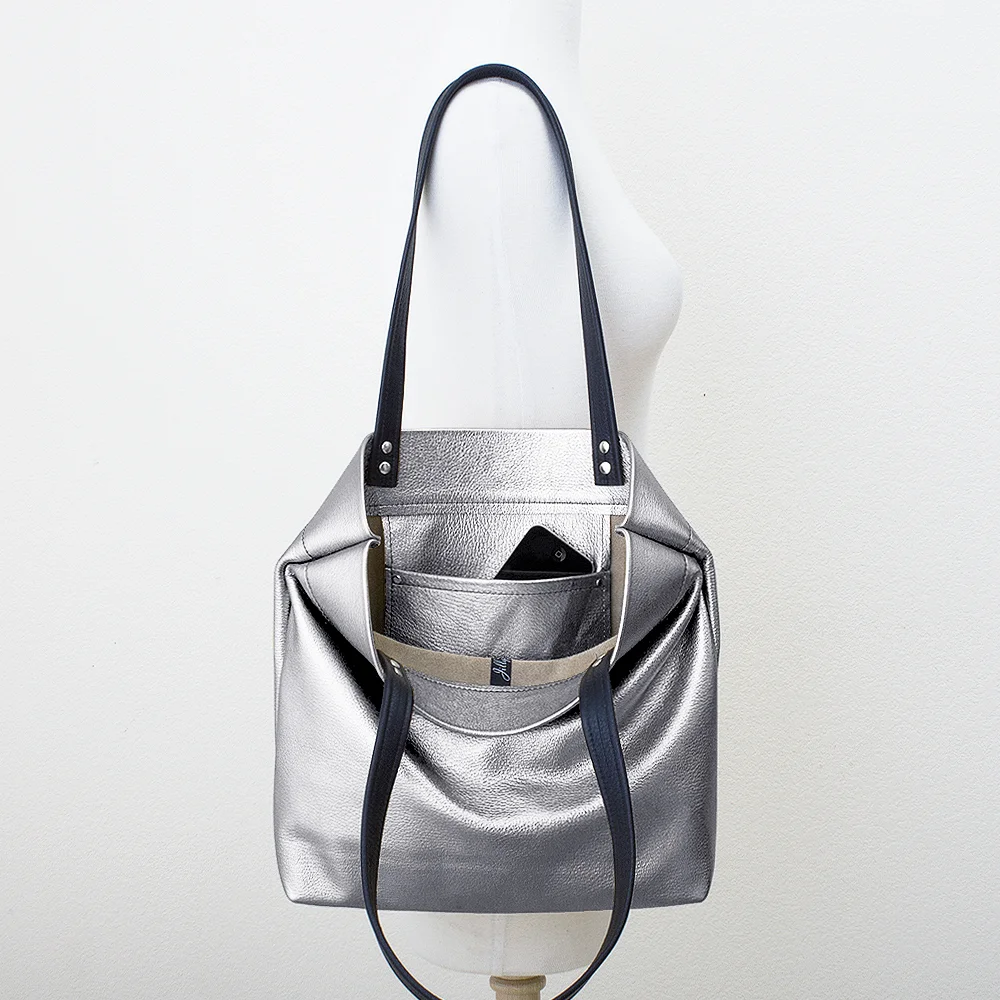 Metallic Silver Leather Tote with Tassel Open.jpg