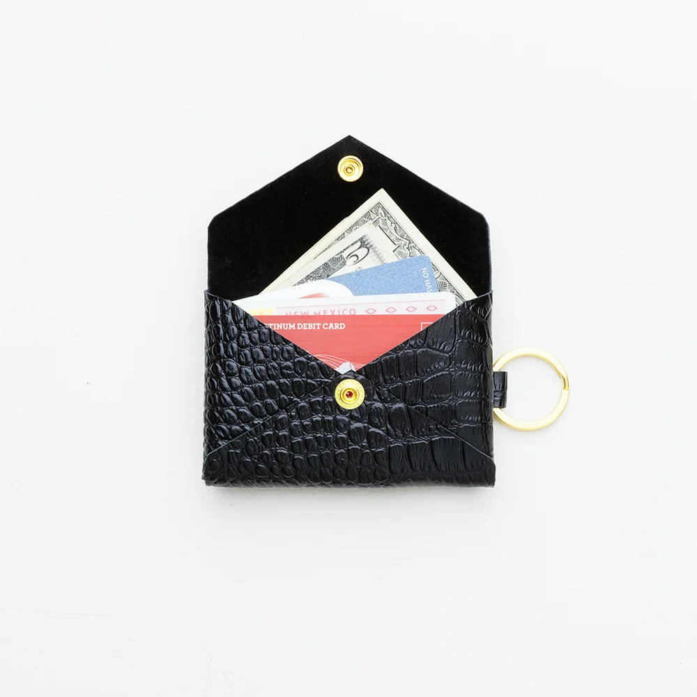 Black Croc Keychain Wallet Top Shot Front Open with Cards.jpg
