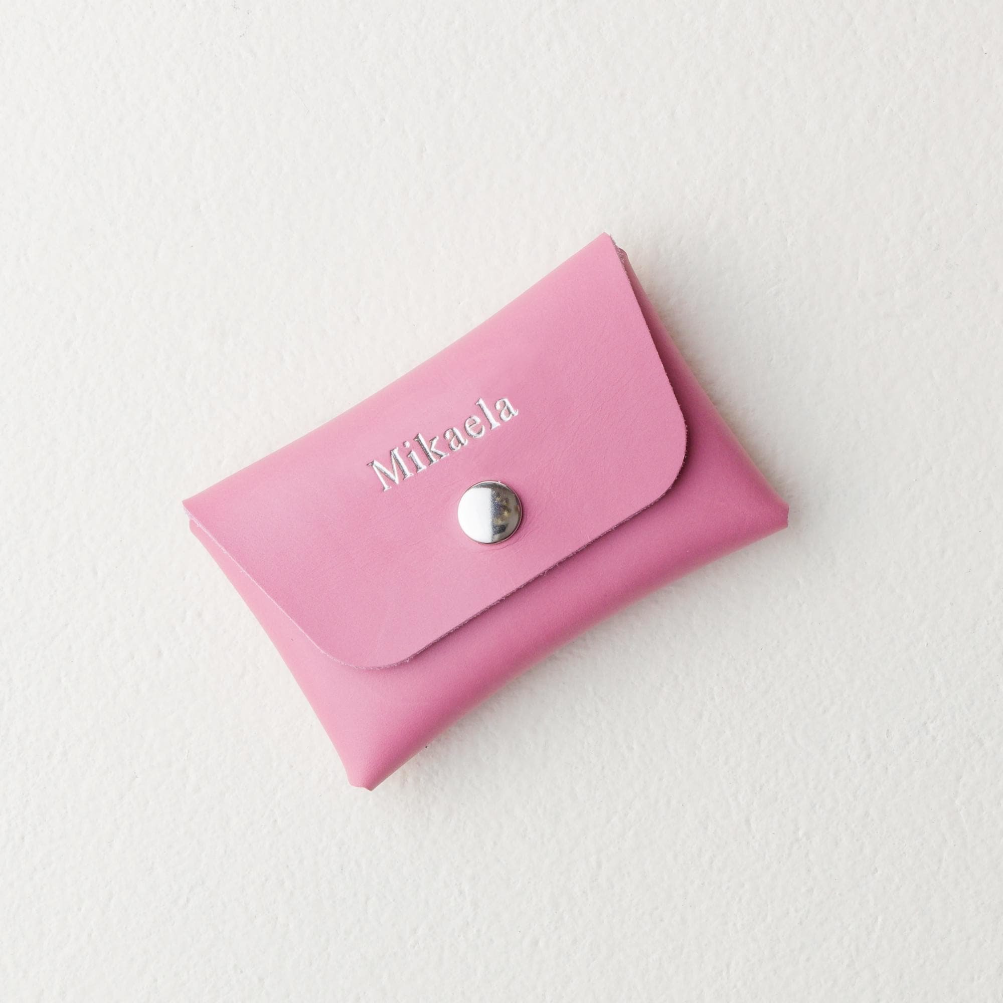 Personalized purple leather keychain wallet with silver finish hardware and silver foil monogram and without carabiner option.